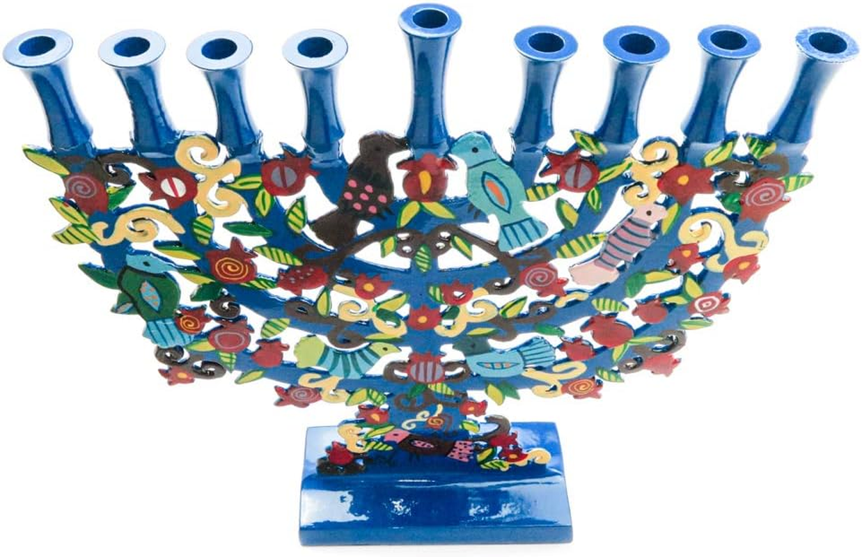 Yair Emanuel Large Blue Menorah with a Tree Design and Birds in Lazer-Cut Metal image number 3