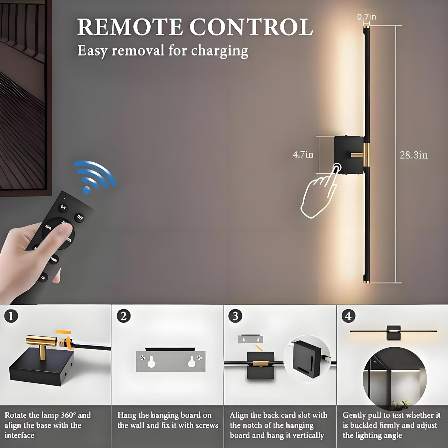 Battery Operated Wall Sconces with Remote Control,Wall Sconces Set of 2,3000K-6000K LED Wireless Wall Light for Bedroom, Hallway, Wall, 360&deg;Rotate,28.3 Inch, 2 Pack (Black) image number 2