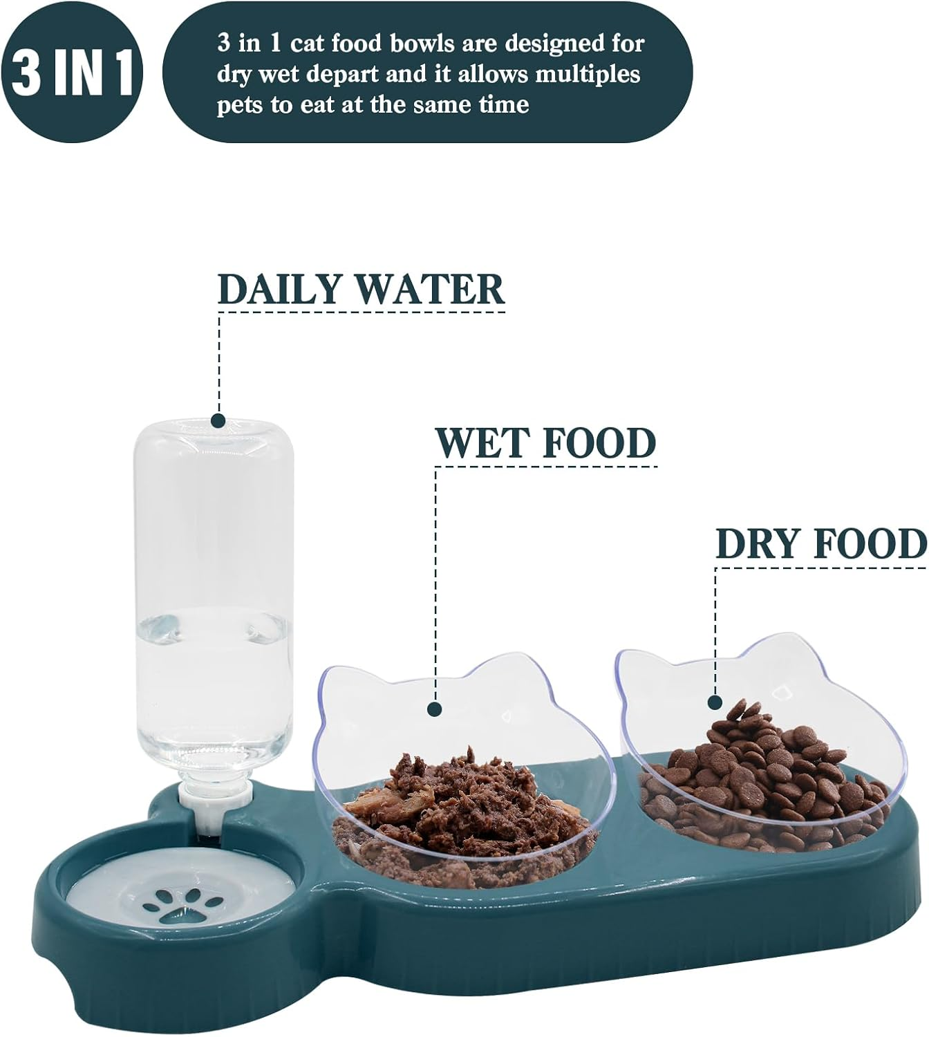 Triple Cat Bowls, 15&deg; Tilt 3-In-1 Water Feeder with Automatic Bottle, Whisker Friendly Wet and Dry Elevated Feeding Dishes for Small Cats and Puppies (Navy Blue) - Navy Blue image number 2