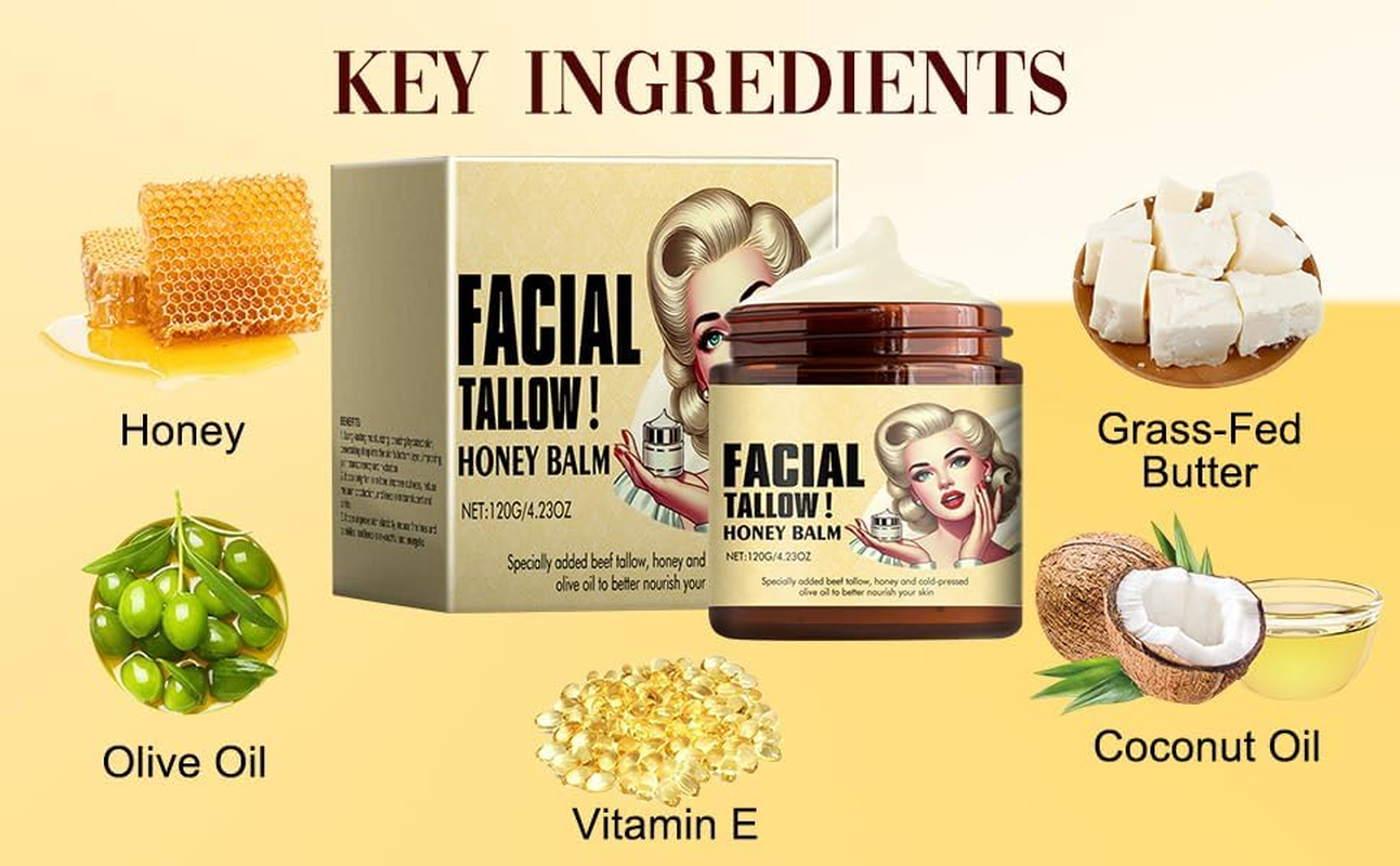 LH 2PCS Whipped Tallow Balm - Grass-Fed Beef Fat Face Cream - Honey - Natural Moisturizer for Dry and Sensitive Skin image number 6