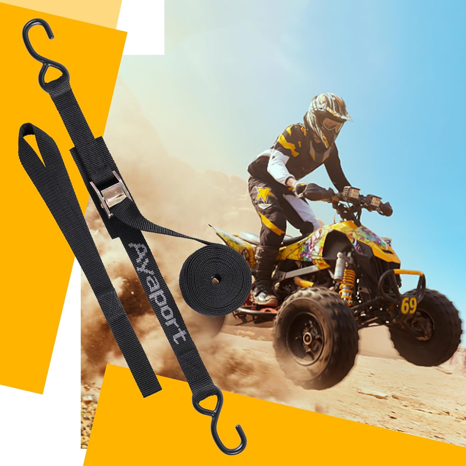 Ayaport Cam Buckle Tie down Straps 6 Feet 2200Lbs Break Strength Securing Straps with S Hooks for Motorcycle, Kayak, Car, Truck, Boat, Dirt Bike, Pack of 4 (6Ft)