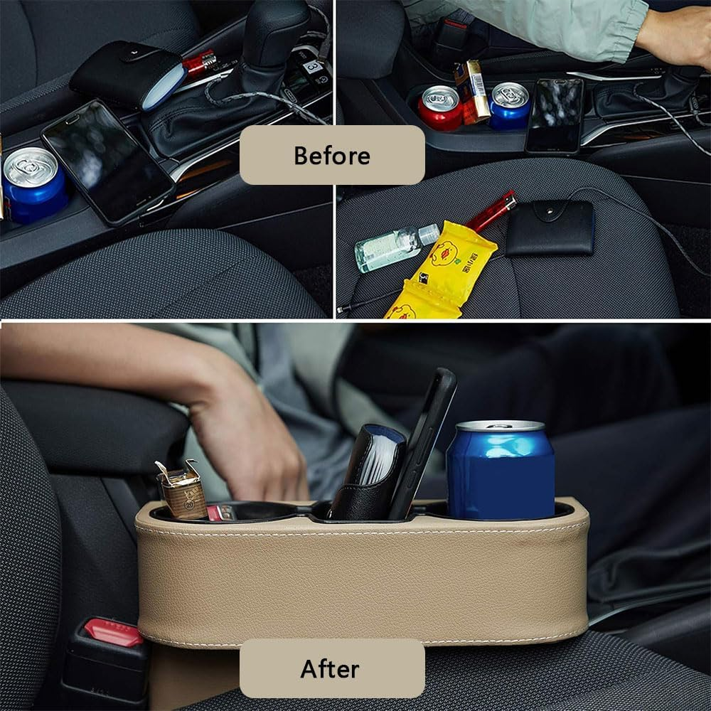 Car Seat Gap Organizer with Cup Holder &ndash; PU Leather Front Seat Side Pocket Storage Box with Phone Slot, Coin Holder and Console Gap Filler &ndash; Beige Car Interior Organizer image number 2