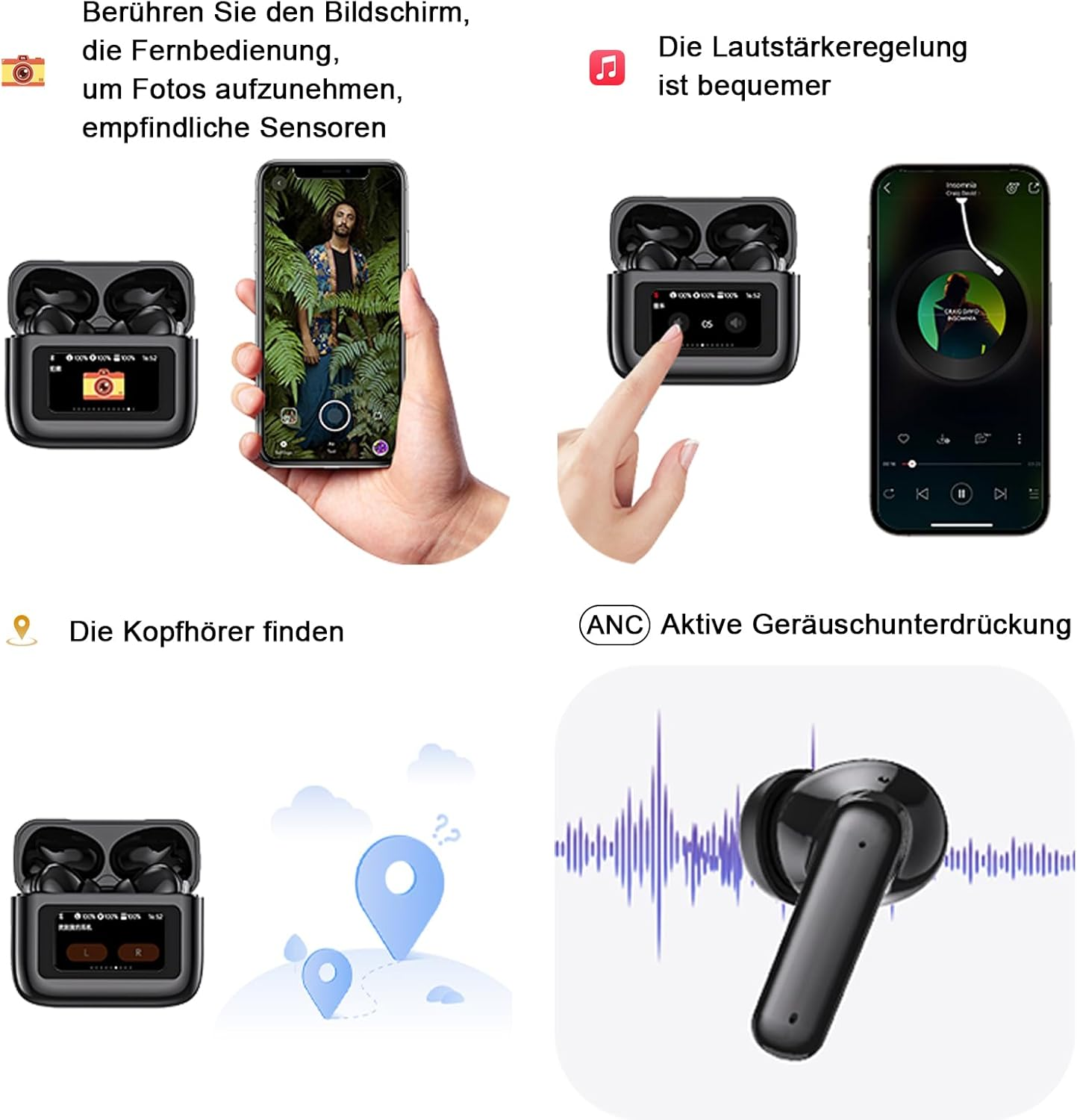 Xmenha AI Translation Earbuds with Screen Translator Headphones with Touchscreen Active Noise Cancelling in Ear ANC Wireless Translator Headphones Ear Buds Real Time Translator Headphones Translation image number 2