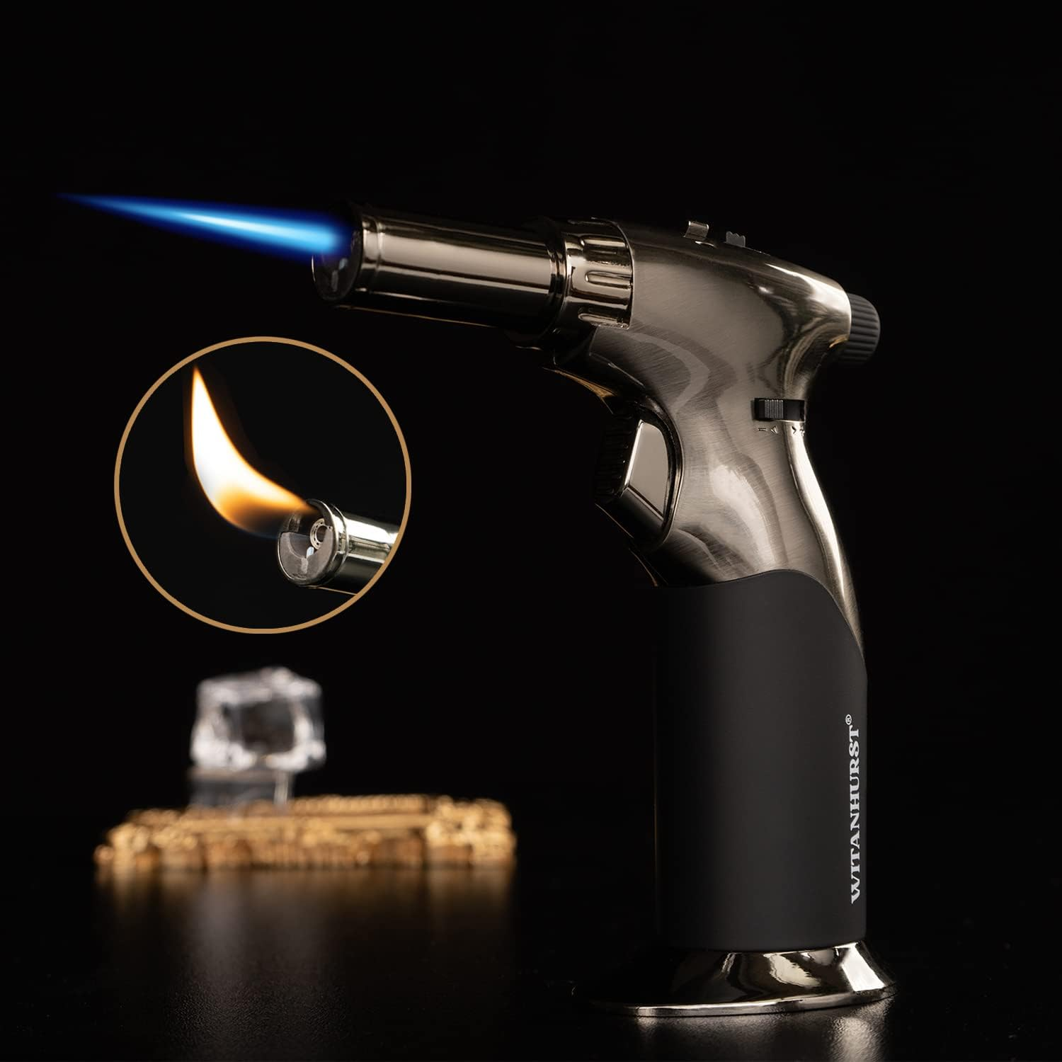 Dual Flame Butane Torch Gun - Refillable Luxury Hand Held Mini Blow Torch for Cooking, Creme Brulee, Soldering, Welding, & Resin Art - Adjustable Flame with Ignition Lock - Steel Black image number 4