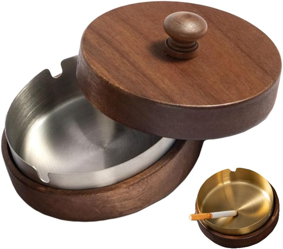 Paifeancodillwooden Ashtray with Lid and Stainless Steel Liner, Portable Ash Tray for Indoor Outdoor Use, Home Office Balcony Parties, Elegant Design (Silvery)