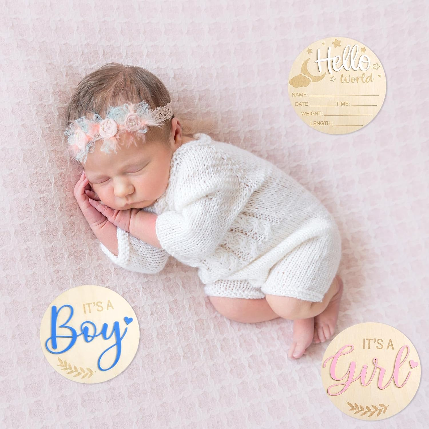 3Pcs Baby Announcement Sign, 5.83 Inch Gender Reveal Wooden Sign Acrylic Hello World Newborn Birth Baby Name Plaques It&rsquo;S a Boy It&rsquo;S a Girl Baby Arrival Sign for Hospital Baby Show image number 3