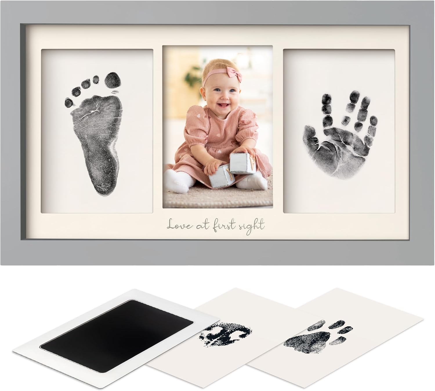 Inkless Baby Hand and Footprint Kit Boy, Girl - No Mess Ink Pad for Handprint, Clean Touch Dog Paw Print Kit, Personalized Baby Shower Gifts, Nursery Newborn Keepsake Frame (Cloud Gray)