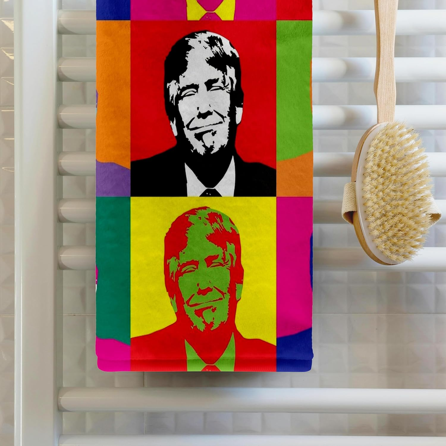 3Drose Towel, Image of Collage of Nine Trump Faces in Abstract Colors image number 4