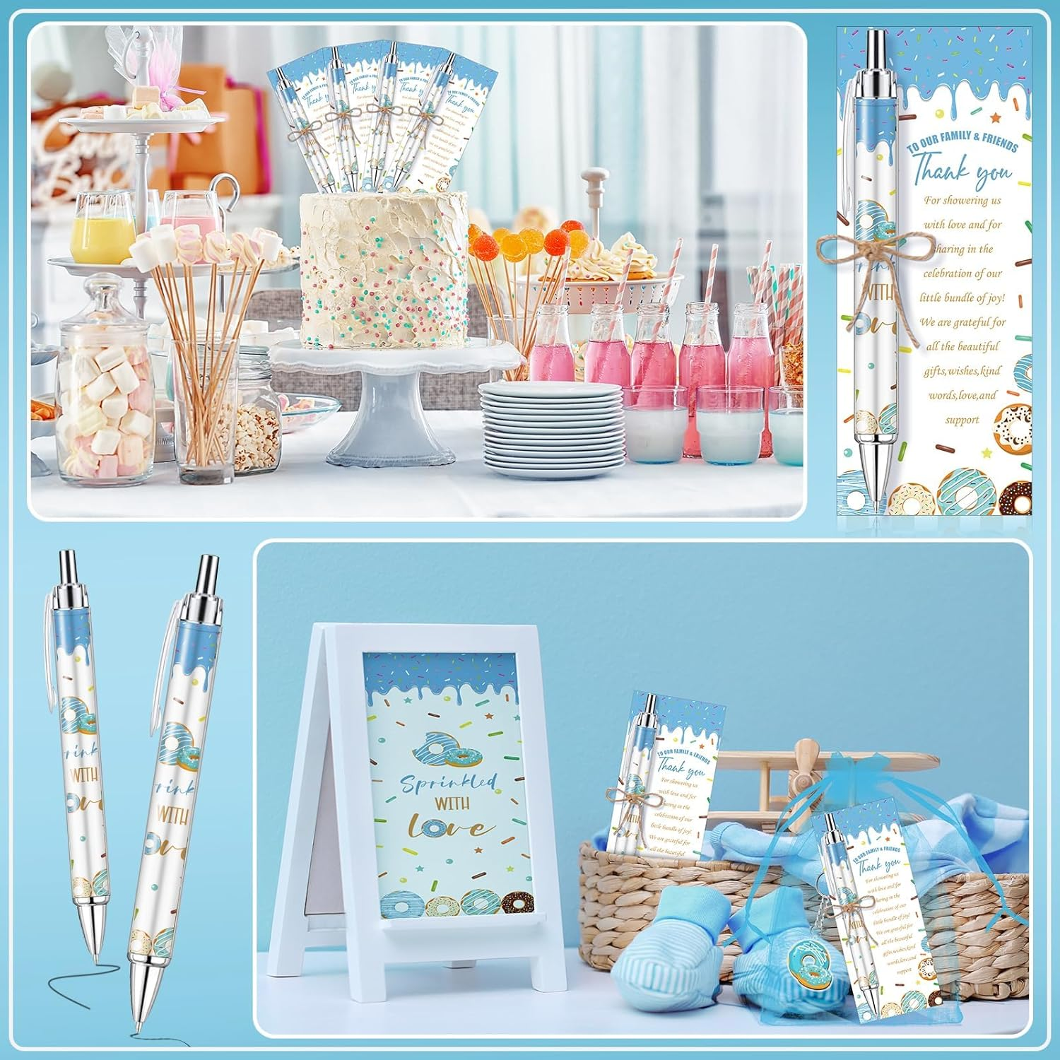145 Pieces Donut Baby Shower Favors for Guest Sprinkled with Love Ballpoint Pens and Keychains Gifts for Boys Bulk Retractable Baby Shower Pens Gender Reveal Thank You Cards Souvenirs Prizes