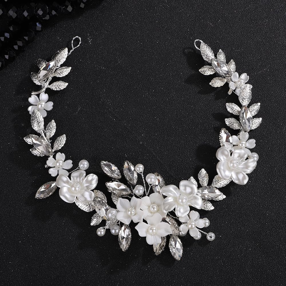 Teyglen Silver Leaf Flower Hair Vine Floral Flower Headpiece Blue Crystal Bride Wedding Headband Bridal Hair Accessories for Women Silver Rhinestone Pearl Hair Piece (Blue) - Peacock Blue image number 5