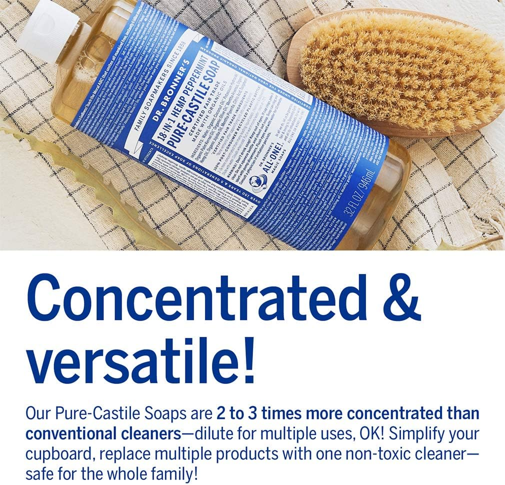 Dr. Bronner'S - Pure-Castile Liquid Soap (Peppermint, 32 Ounce, 2-Pack) - Made with Organic Oils, 18-In-1 Uses: Face, Body, Hair, Laundry, Pets and Dishes, Concentrated, Vegan, Non-Gmo