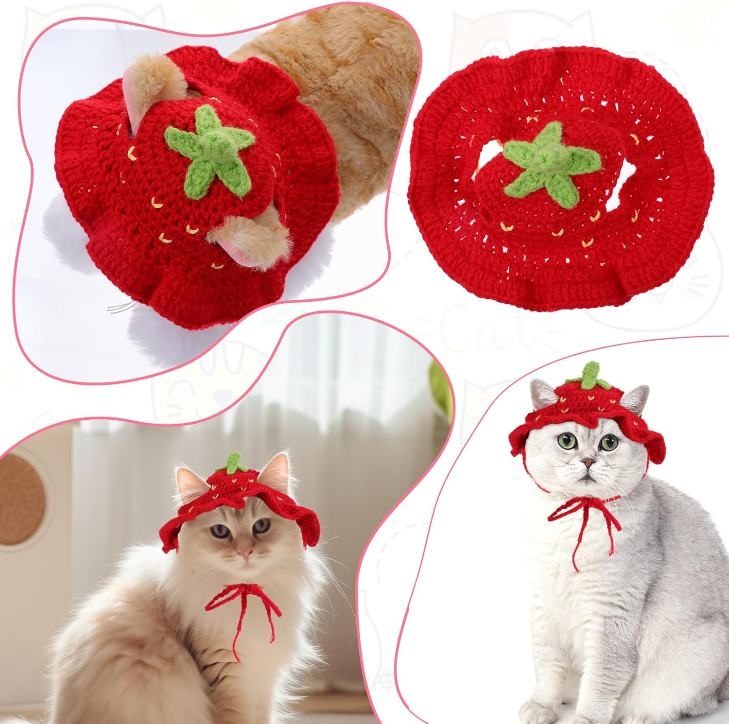 Piriuuo Strawberry Cat Hat, Cute Knitted Hat for Cat Cotton Hats for Cats Soft Small Dog Hat for Birthday Party Christmas Puppy Hat for Small Pets (Red, M) image number 6