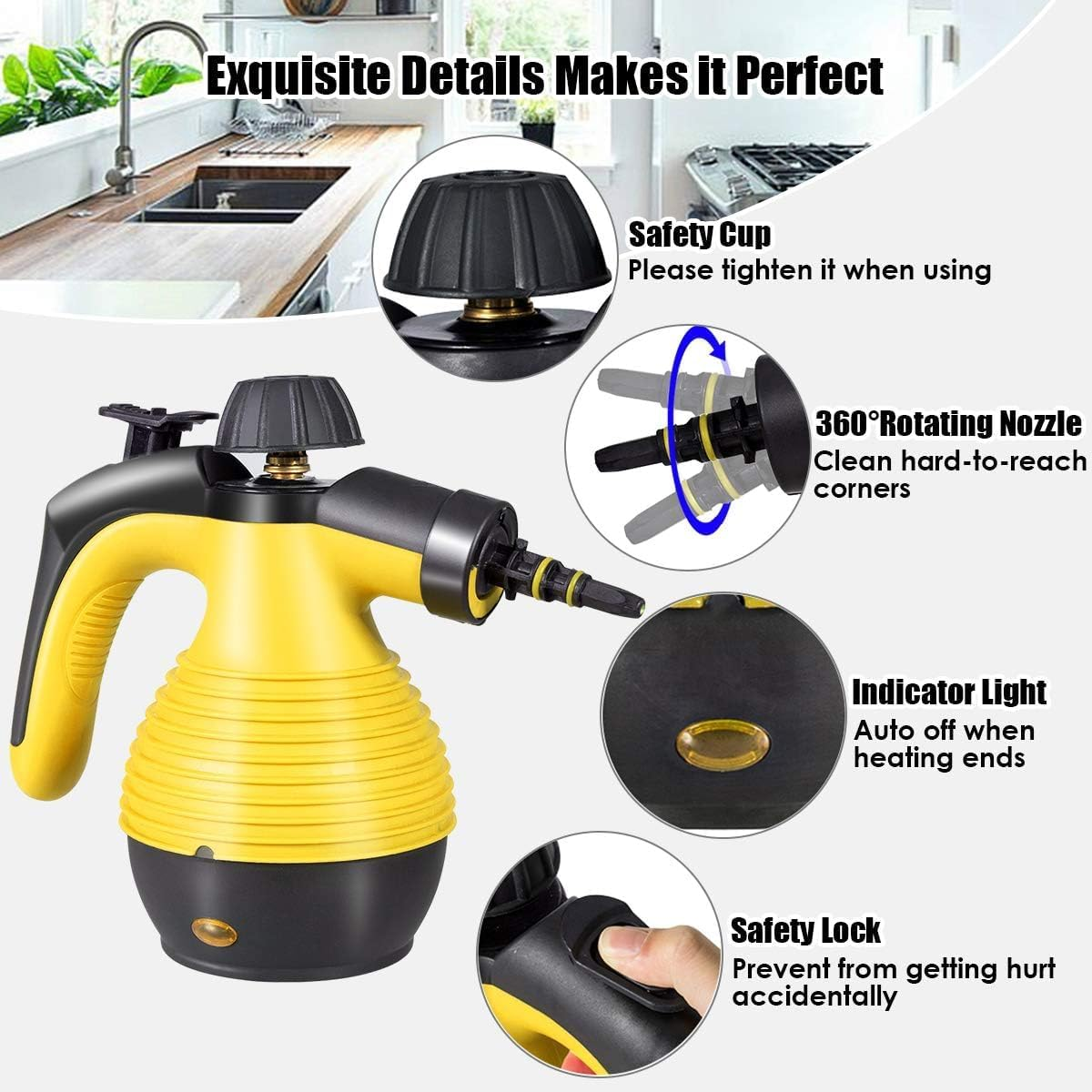 Handheld Pressurized Steam Cleaner with 9 Piece Accessories, Multipurpose Steamer with Hsafety Lock for Carpet Curtain Car Seat, 1050W Portable Upholstery Steamer for Home Kitchen Bathroom image number 5