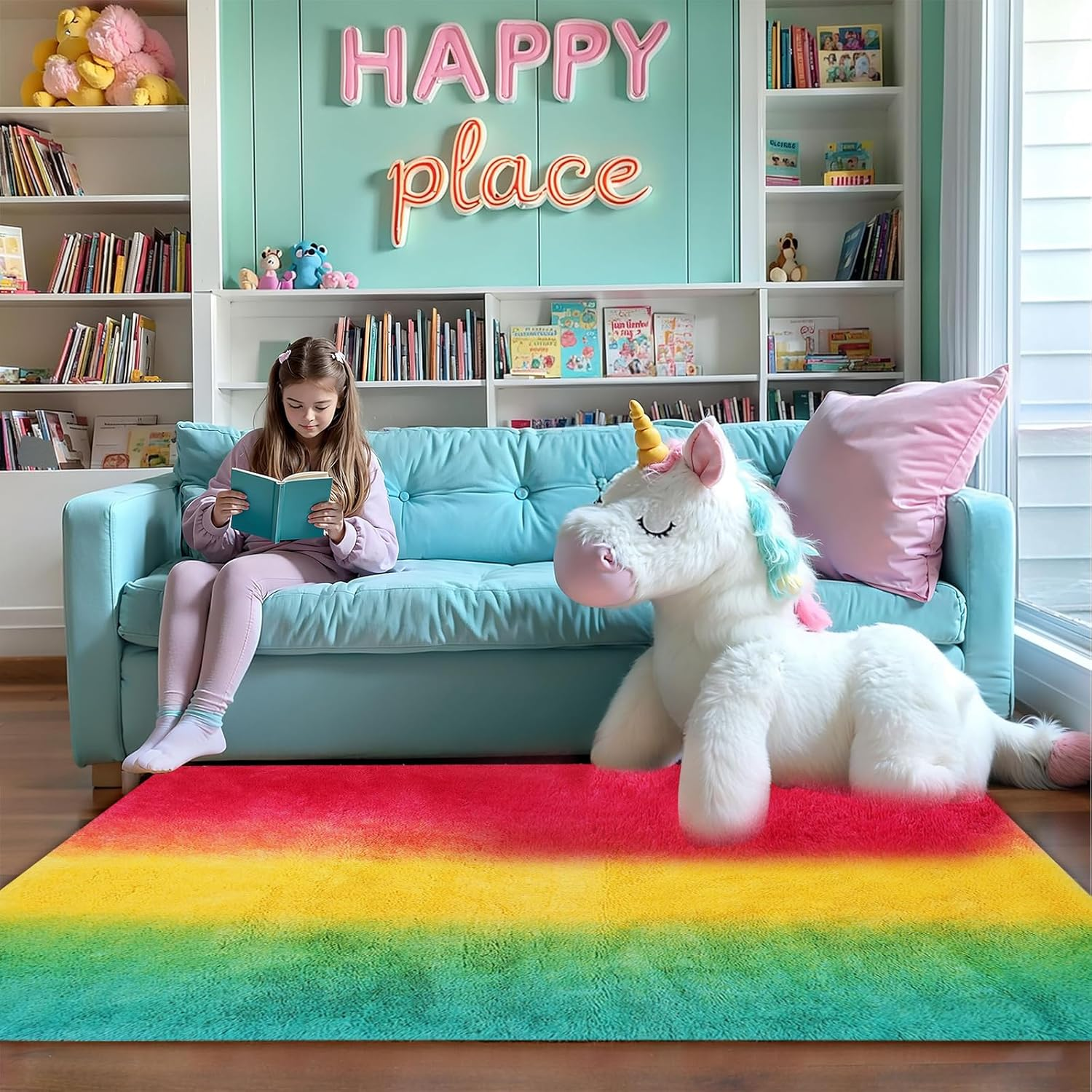 Large Fluffy Area Rugs for Bedroom Livingroom, Super Soft Shaggy Anti-Slip Fuzzy Rug Carpet for Women Girls, Modern Colorufl Tie-Dye Silky Smooth Fur Rug Floor Decor (Rainbow, 200X160Cm) - Pink-Red image number 4