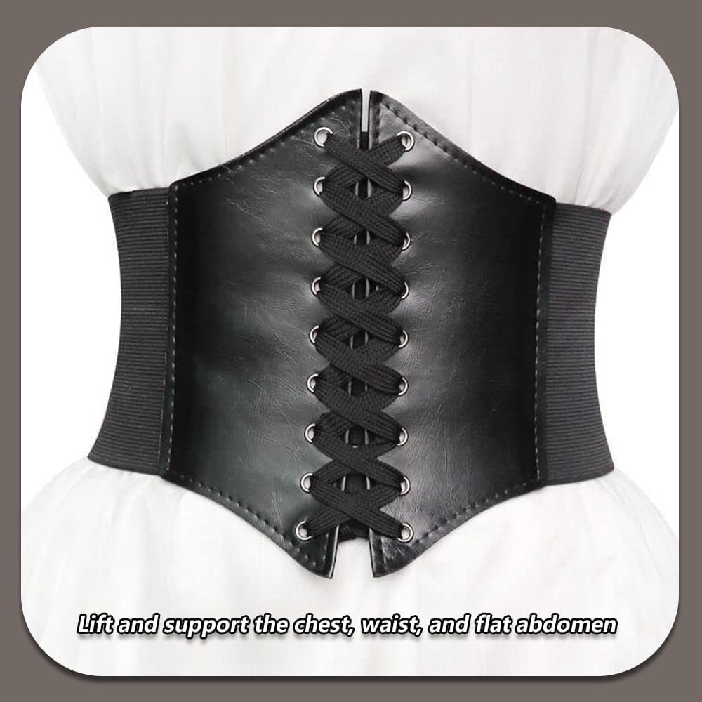 Women'S Waist Cincher Belts,Wide Elastic Tied Leather Waspie Waist Belt for Dresses image number 6