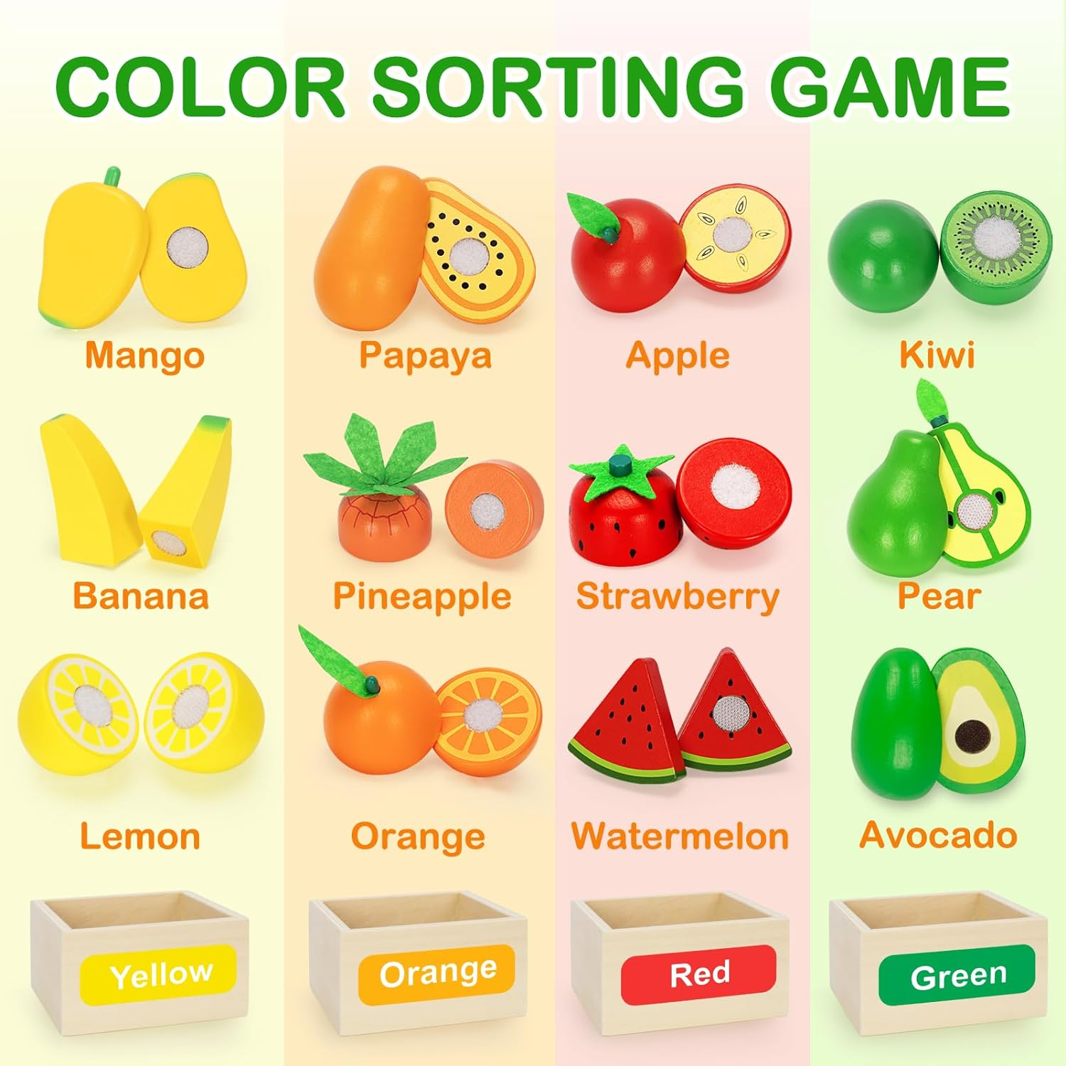 Wooden Play Food Toy Set for Kids Kitchen - 30 Pcs Montessori Cutting & Color Sorting Fake Fruit Accessories with 4 Boxes, Pretend Play Toys for Toddlers 3, Birthday Gifts for Boys Girls image number 5