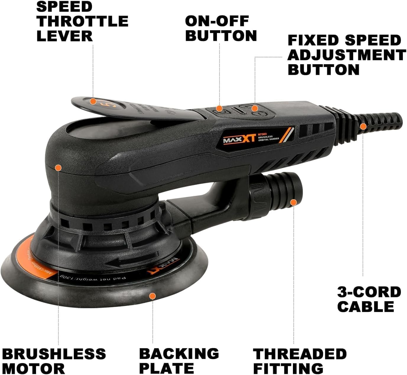 MAXXT Random Orbital Sander 5MM Orbital Sanding Electric 220V Brushless Orbital Sanding Machine with 10 Sanding Paper for Woodworking