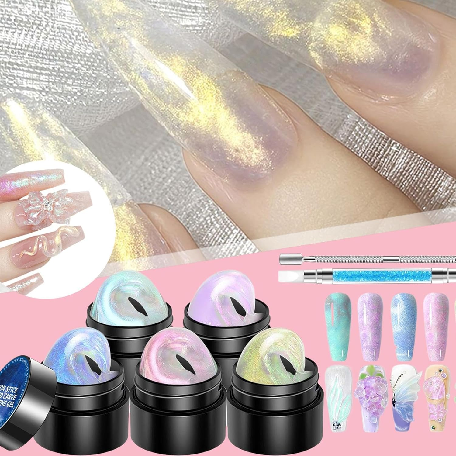 3D Nail Gel - Solid Builder 5 Colors 3D Nail Design Gel | Non-Stick Tool Kit, Manicure Set with Carving Pen for Molding, Building & Painting image number 4