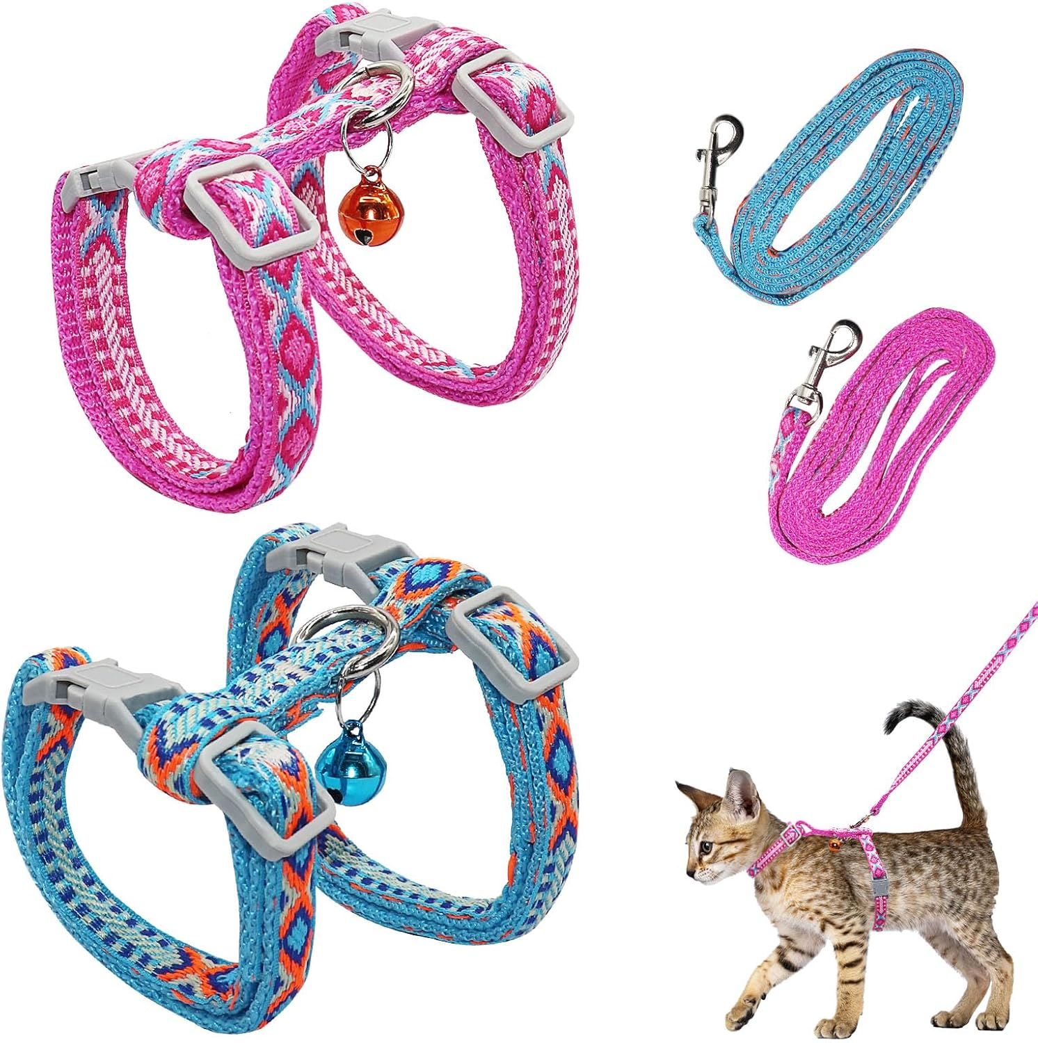 2 X Adjustable Harnesses Cat Lead Set, Nylon Harnesses Cat Lead, Harness with Lead for Kittens, Kittens, Pets, Cat Harness, Cat Harness with Lead, Escape Proof (Light Blue and Pink) image number 3