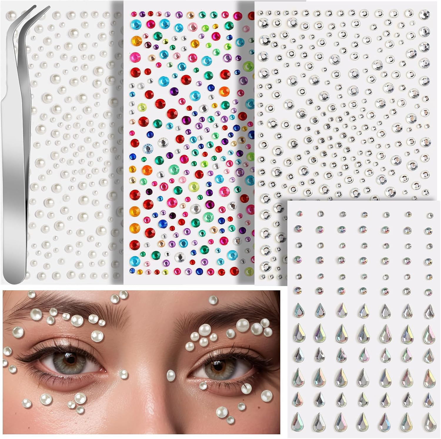 Custelen Self-Adhesive Face Gems and Pearls for Makeup - Festival Jewels, Multifunctional Rhinestone Stickers for Face, Eyes, Nails, Hair, Body, and Crafts