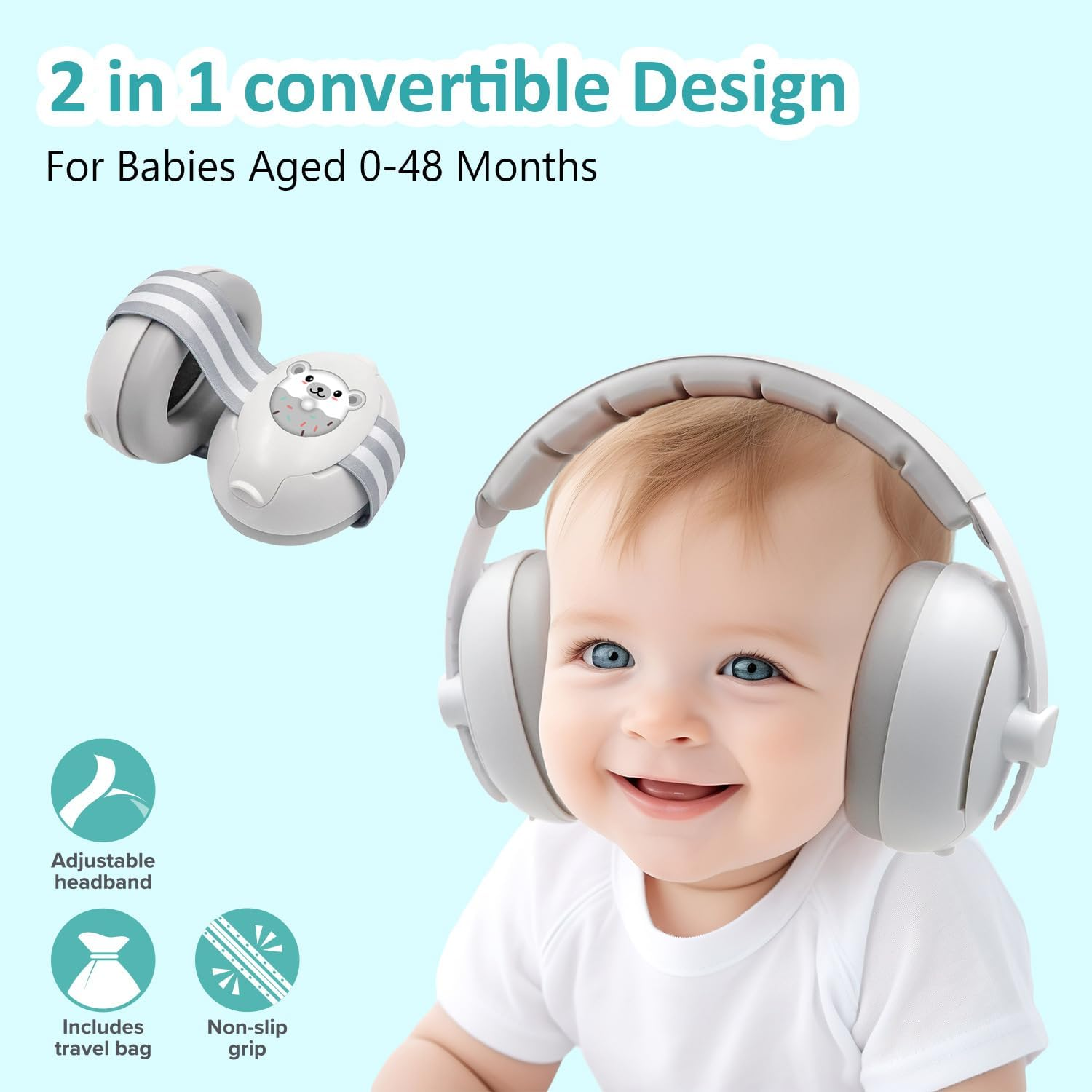 2-In-1 Baby Ear Muffs Noise Protection - Baby Headphones for Noise & Plane Travel - 2 Headbands - Toddler Ear Protection for Infant & Toddler Travel Essential, Age 1-48 Months image number 4