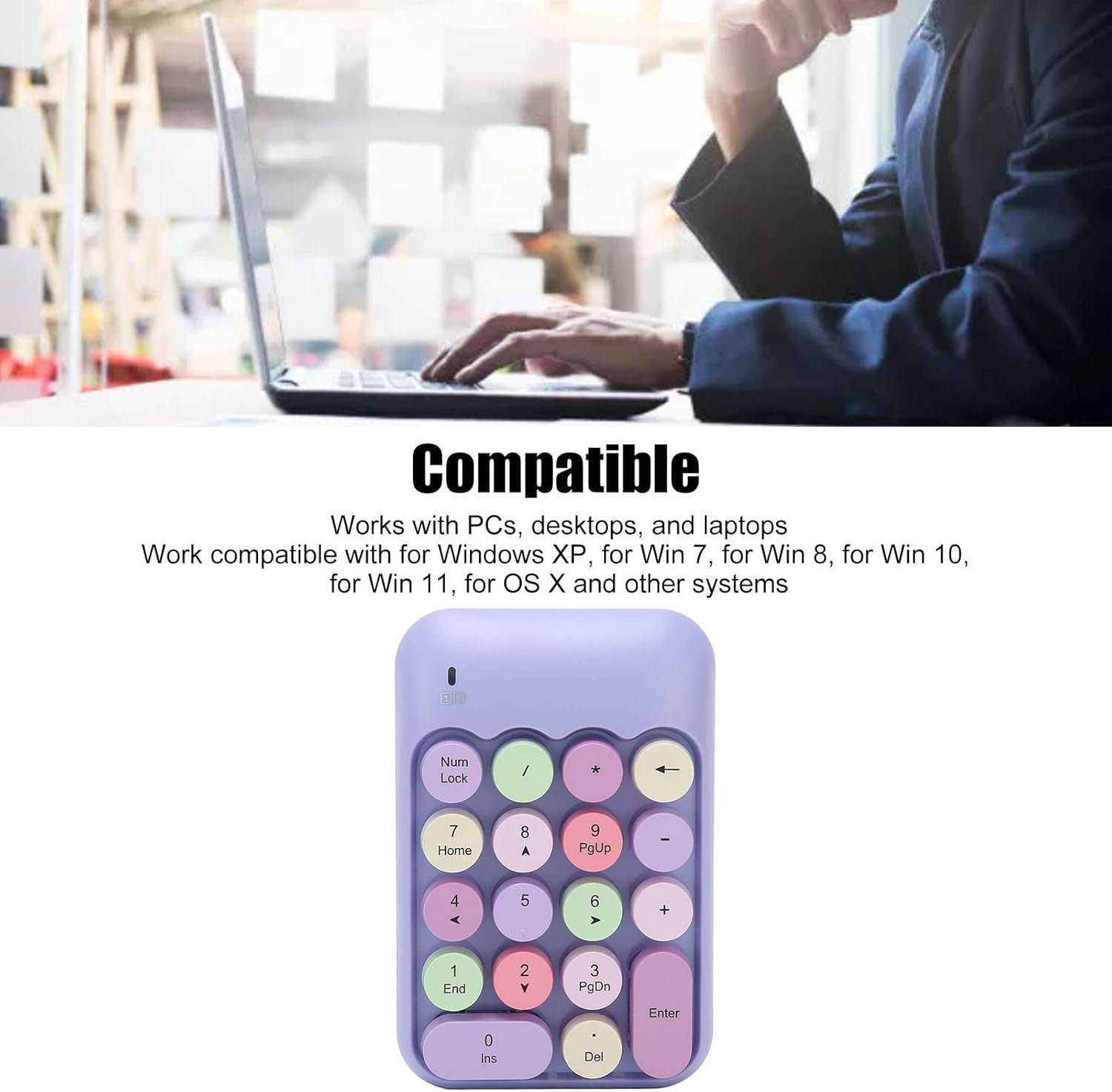 Wireless Number Pad, 2.4Ghz Wireless Numeric Keypad 18 Keys Colorful Retro Portable Number Pad with USB Receiver, Financial Accounting Keyboard Extensions for Laptop (Purple Theme) image number 2