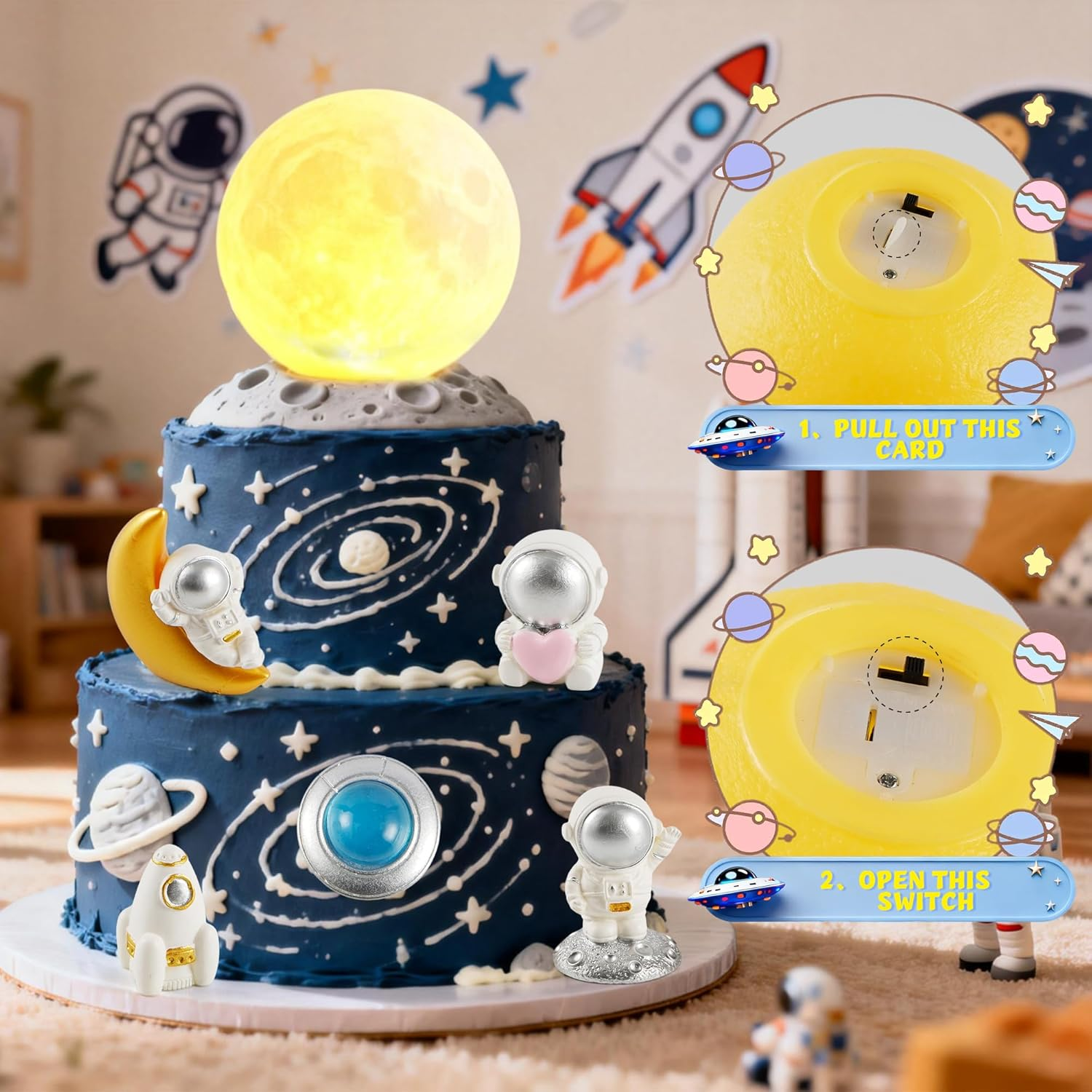 Moon Cake Topper,6Pcs Space Astronauts Diy Cake Decoration, 3D Soft Light Moon Cake Topper for Children Space-Themed Decoration Birthday Party Supplies, Cake Decoration (Yellow) - Yellow image number 2