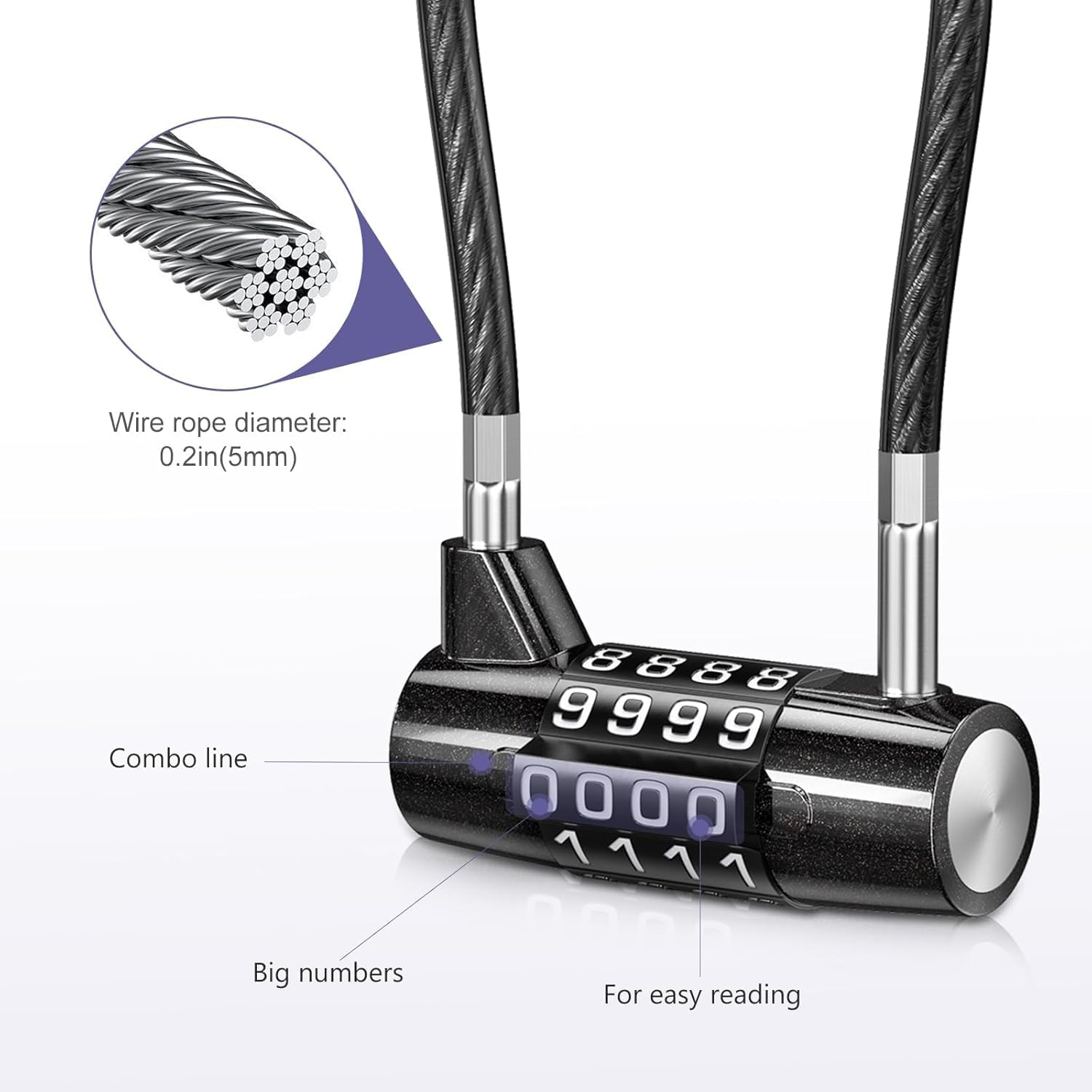 4 Digit Combination Padlock, 6.9 Inch Long Shackle Cable Lock with 4-Digit Resettable Combination, Waterproof Steel Padlock for Outdoor Fence, Gym, School Locker, Suitcase Bag, Bike Security image number 5