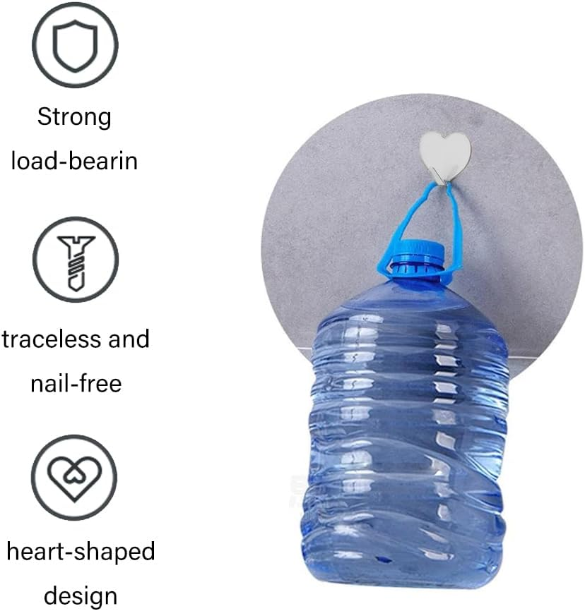 Heart Shaped Wall Hooks - 12 Pcs Stainless Steel Adhesive Hooks, Towel, Coat, Purse Hangers Strong Decorative Hangers for Room, Kitchen, Bath (Silvery)