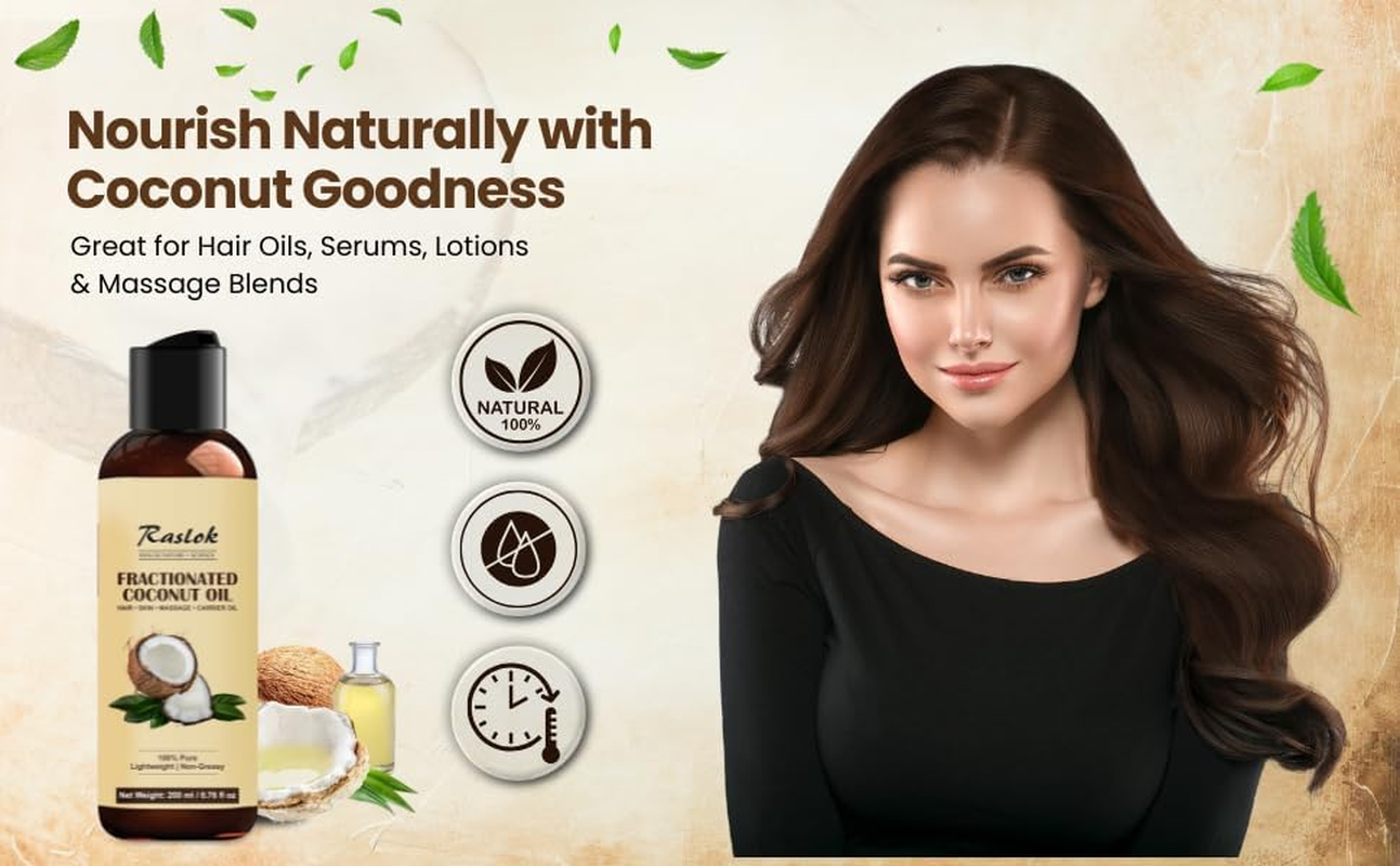 Raslok Fractionated Coconut Oil &ndash; 100% Pure & Lightweight | Non-Greasy Carrier Oil for Hair, Skin, Body & Massage | Hexane-Free | 200Ml / 6.76 Fl Oz image number 3