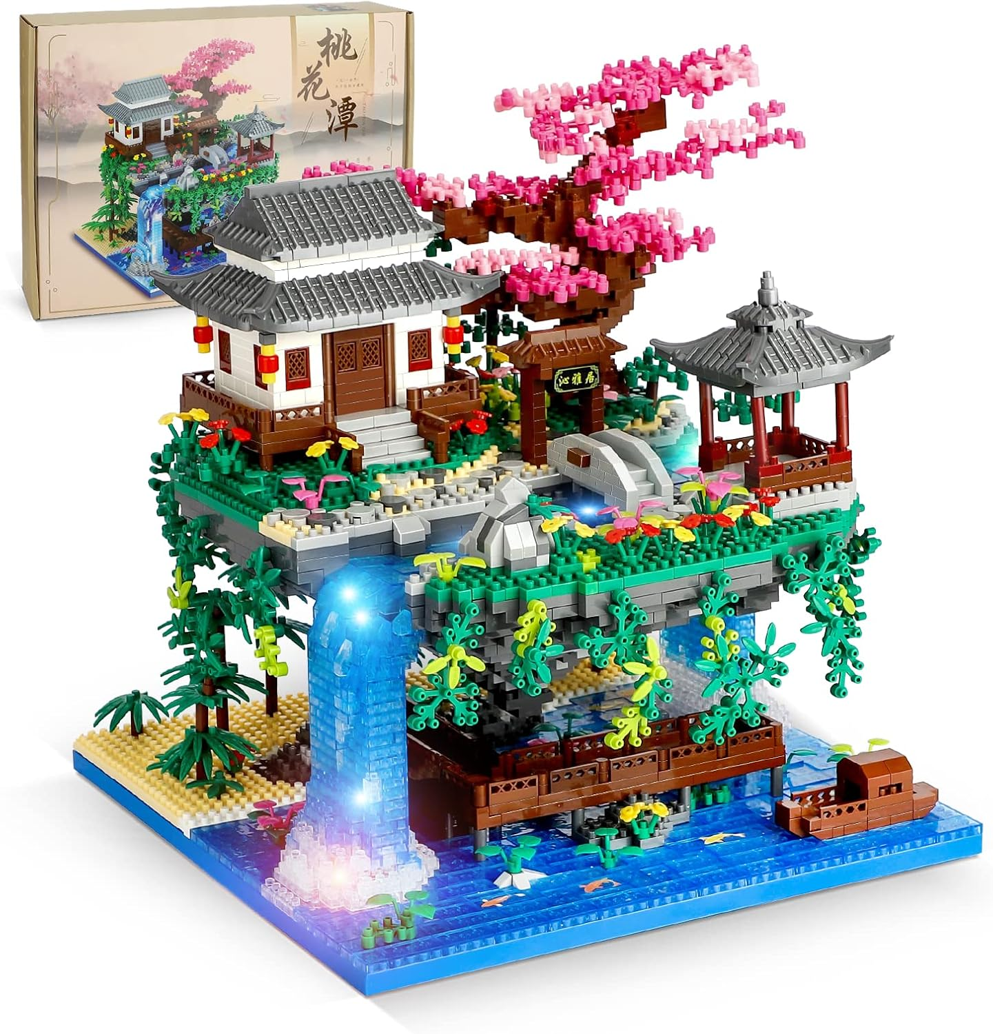Peach Blossom Pond Micro Mini Building Blocks Set for Adults and Kids, Chinese Architecture Cherry Bonsai Gift Toys with String Lights, Japanese Sakura Tree House Micro Bricks (3320PCS) image number 5