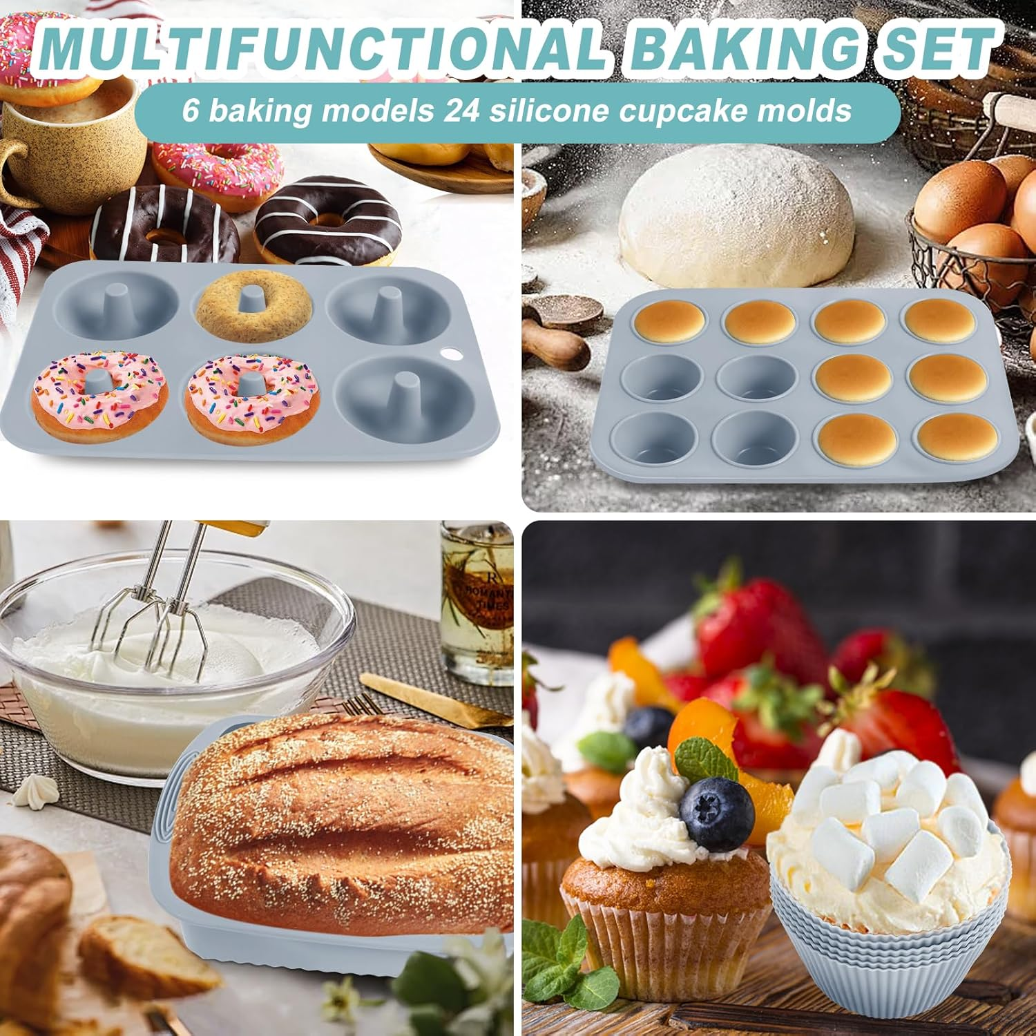 30Pcs Silicone Bakeware Set Including Baking Pan Silicone Cake Mold Baking Sheet Donut Pan Silicone Muffin Pan Cake Pan and 24 Silicone Cupcake Mold Baking Cup Heat Resistant Bakeware Tools Kit (Gray) image number 6