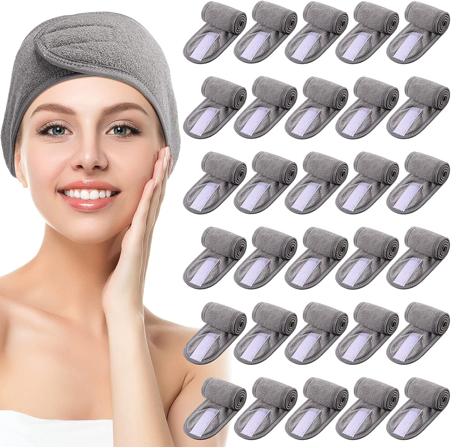 Hoteam 30 Pack Spa Headband Facial Esthetician Hair Wrap for Women Adjustable Makeup Sports Shower Stretch Towel with Tape(White)