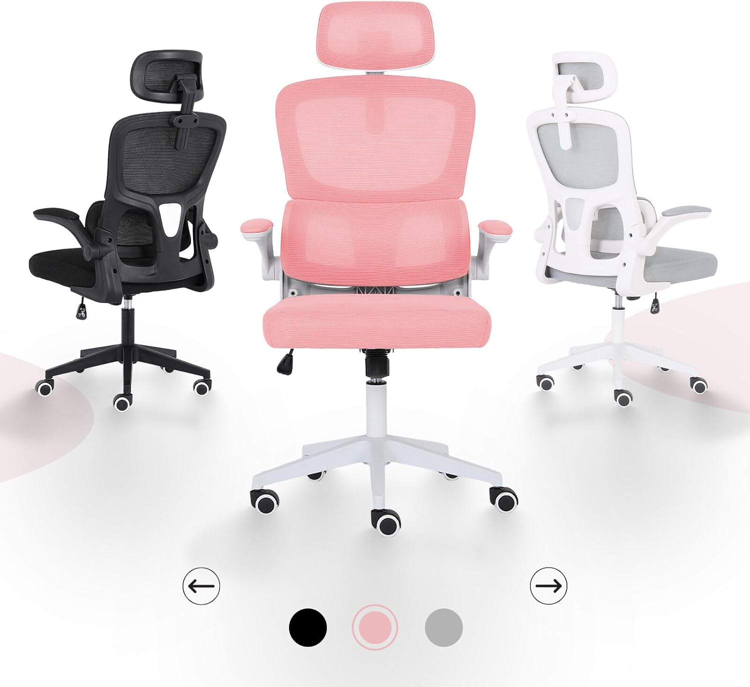 La Bella SITIO Office Chair - Pink Ergonomic Mesh Desk Chair with Lumbar Support, Flip-Up Armrests, Adjustable Headrest & Tilt Function image number 3