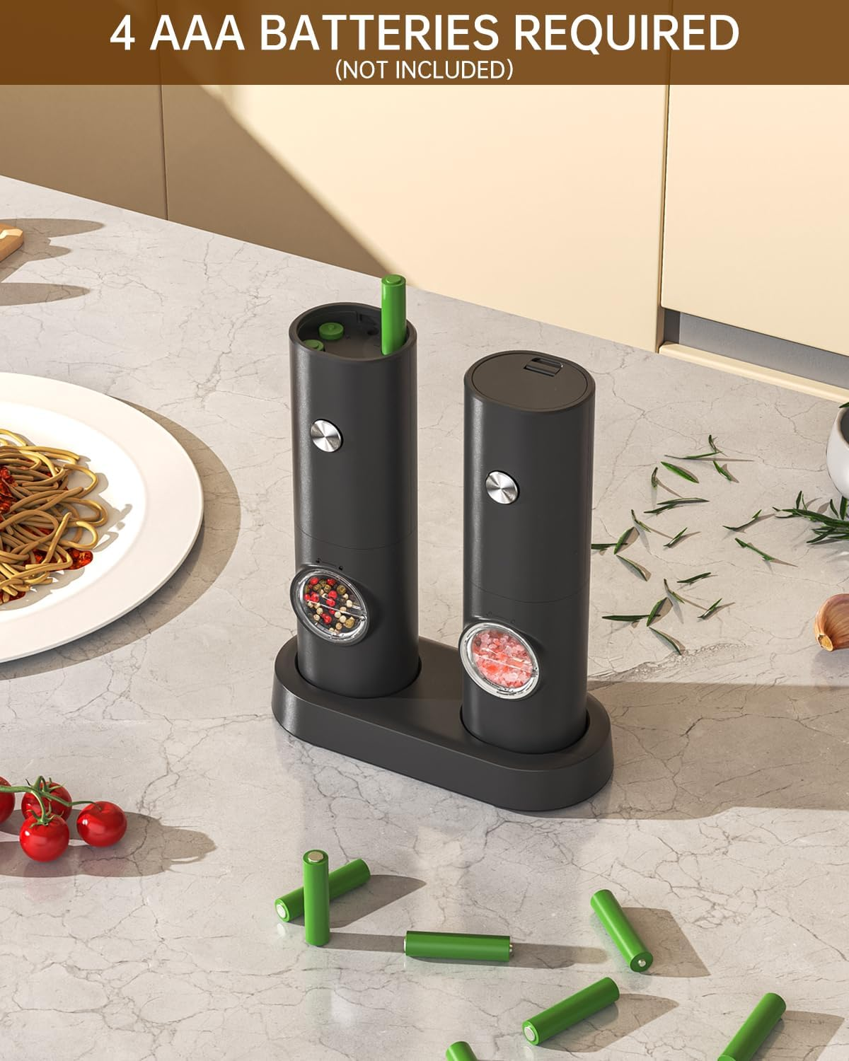 CIRCLE JOY Electric Salt and Pepper Grinder Set Battery Operated Spice Mills with Storage Base, White LED Light and Adjustable Coarseness, Black image number 2