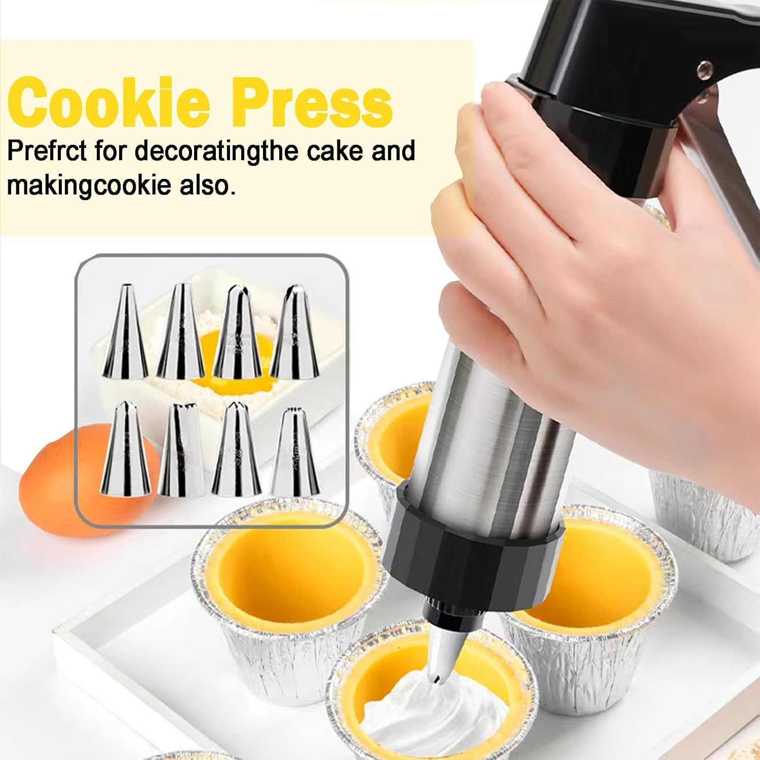 Jeyssui Cookie Press Gun，With 13 Spritz Cookie Press Stencil Discs and 8 Piping - Versatile,Reusable, Classic Stainless Steel Cookie Press for Baking,For Holidays Christmas Birthday DIY Biscuit Maker image number 4