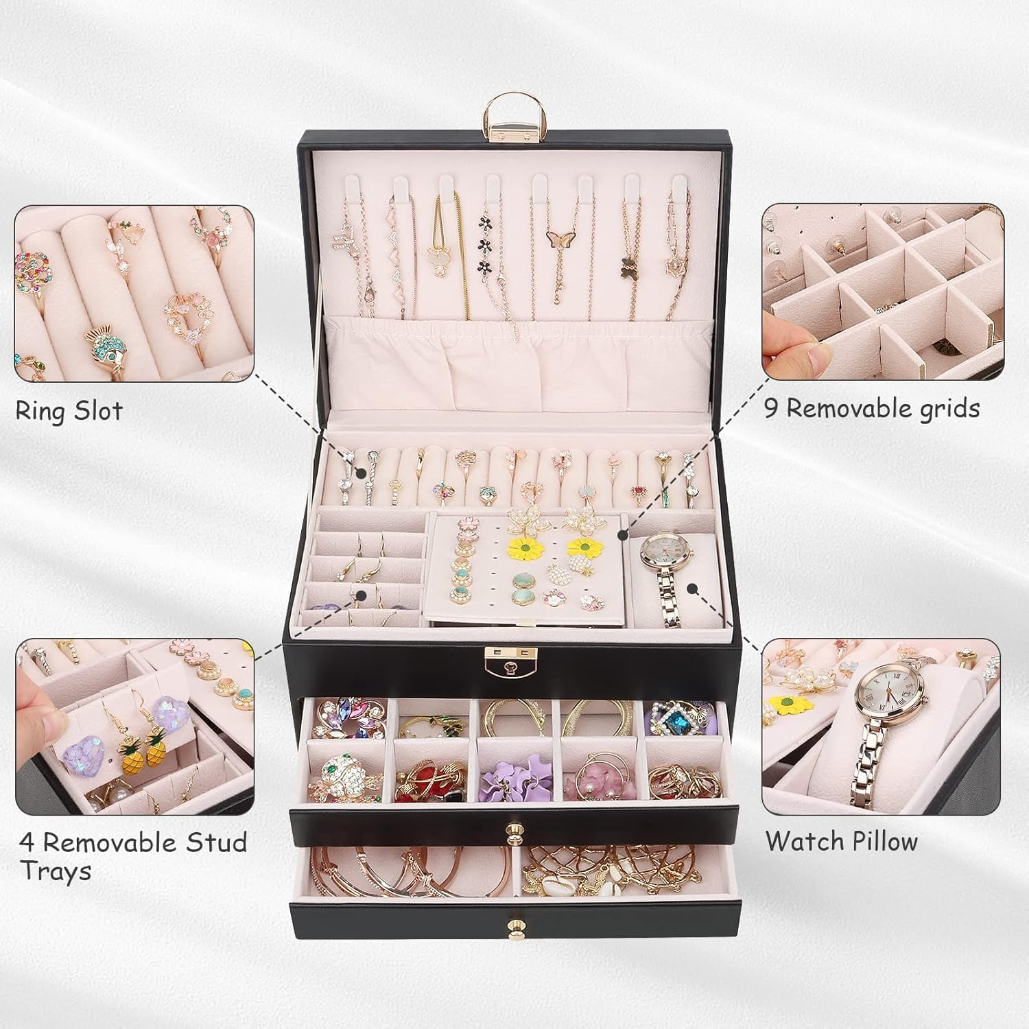 Jewelry Box for Women, Jewelry Organizer Box with Lock, 3-Layer (Black) image number 1