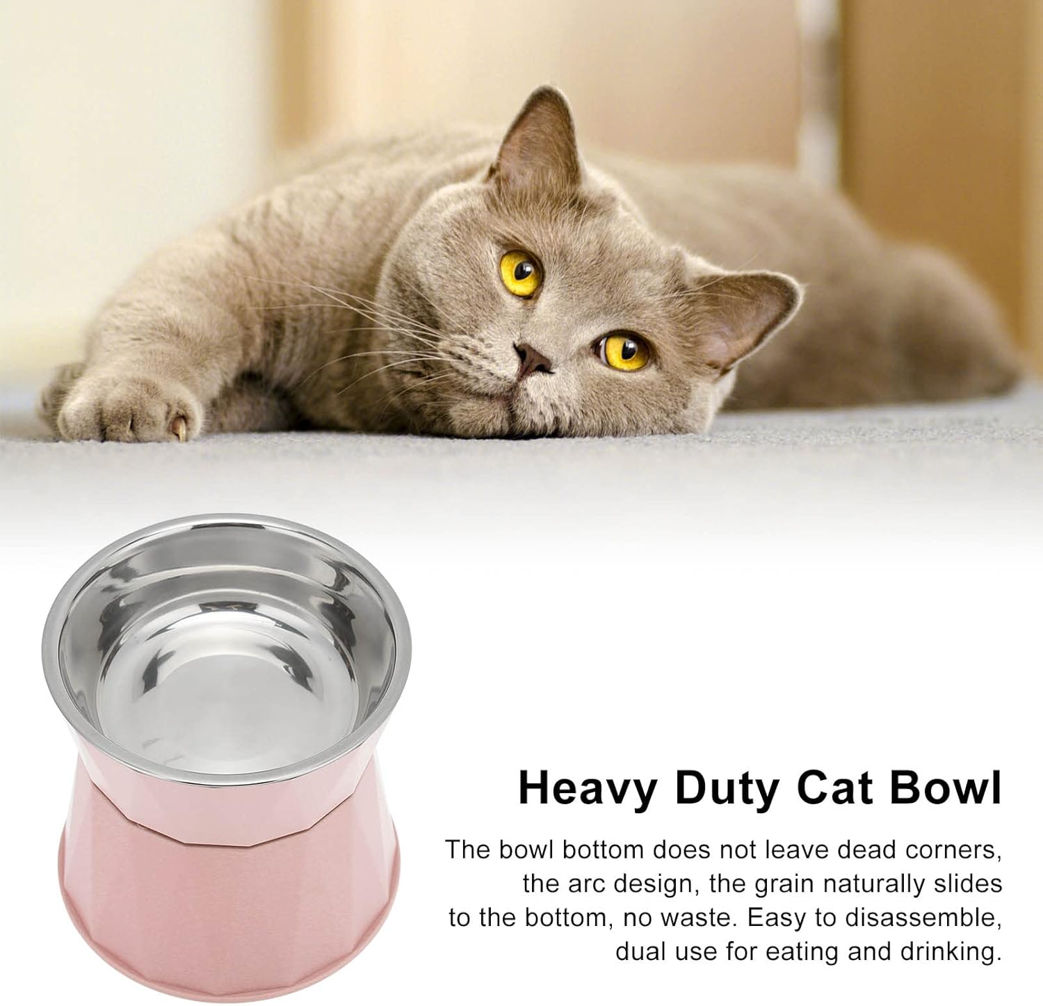 Cat Food Bowl, Stainless Steel Cat Bowl Increased Neck Protective Heavy Duty Cat Double Bowl, Raised Cats Bowls Elevated Tilted Puppy Dish Food Water Bowl Pet Food Water For(Pink [High Double Bowl]) image number 4