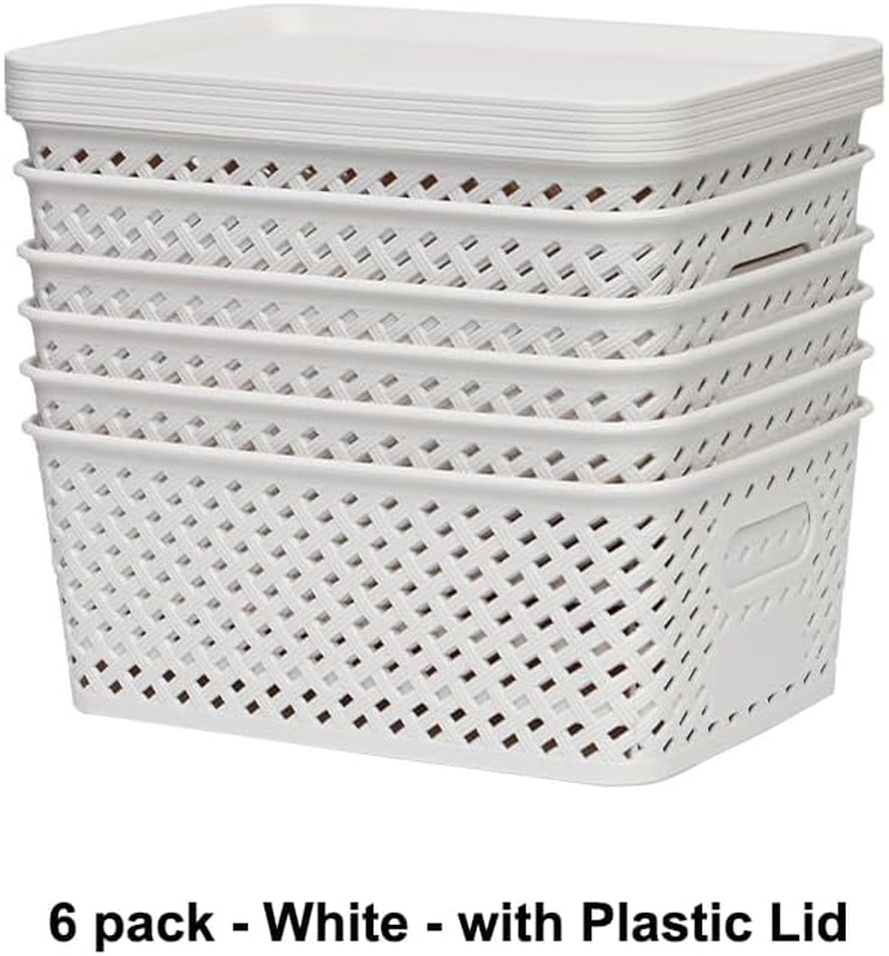 6-Pack Plastic Storage Baskets, Stackable Weave Baskets, Household Sundries Storage Baskets for Organizing Closets, Cabinets, Pantries, Shelves and Countertop Space (6 Pack-White-Plastic Lid)
