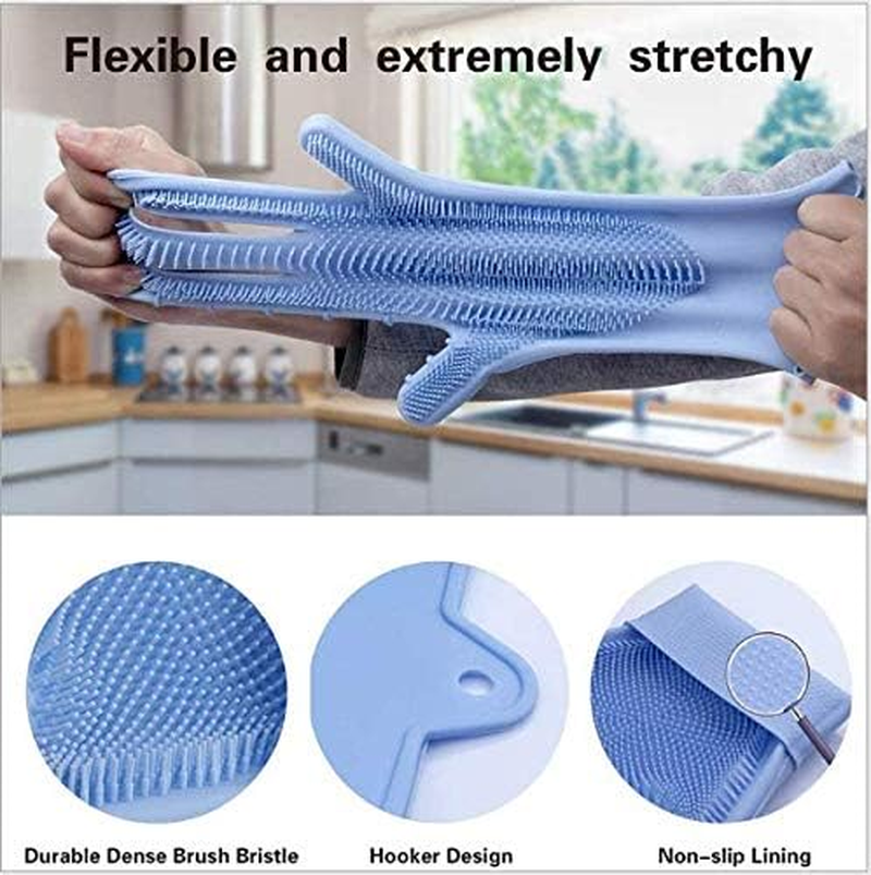 Silicone Dishwashing Gloves, Rubber Scrubbing Gloves, Sponge Cleaning Brush for Dishes Housework, Kitchen, Cars - Blue image number 3