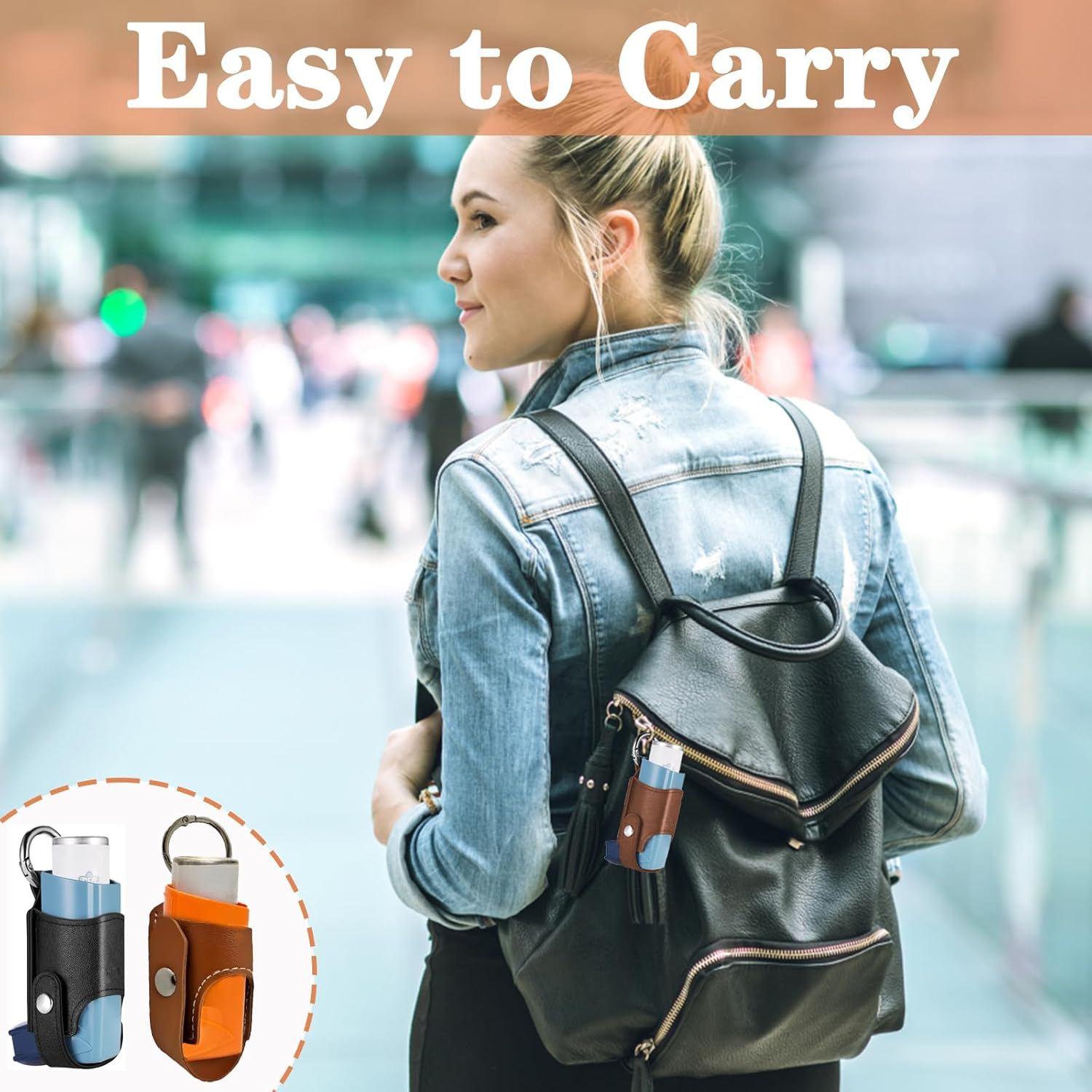 ZPLASK 2PCS Inhaler Case, Mini Keychain Inhaler Holder, Asthma Inhaler Case, Carrying Portable Inhaler Bag Leather Protective for Hiking Daily Use Outdoor and Travel (Black Bolwn) image number 2