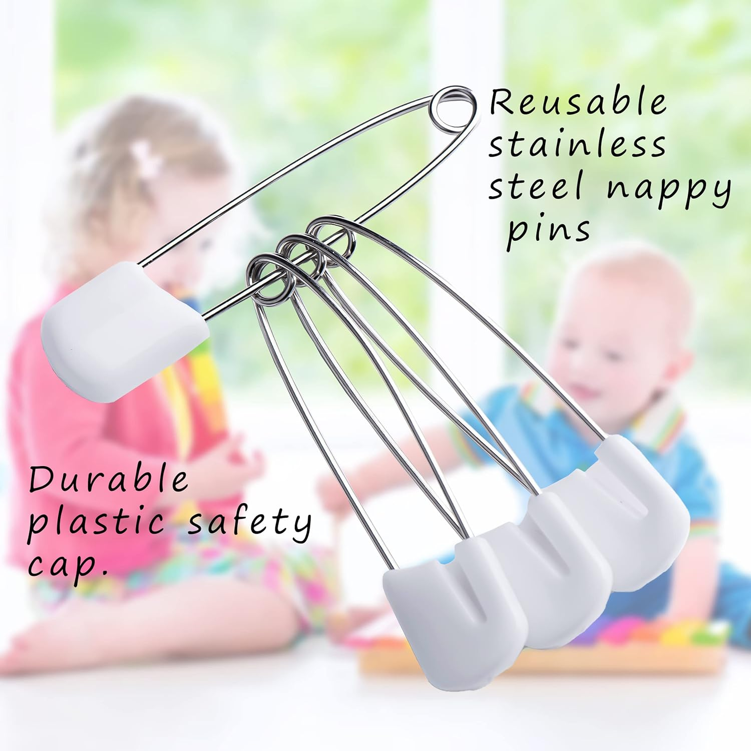 12 Baby Nappy Safety Pins, 2.2 Inch Diaper Plastic Push-In Pins, 55Mm Durable Head Fasteners with Safety Lock Closures, Stainless Steel, Ideal for Terry Squares, Flat and Prefold Nappies (12 Pack) image number 4