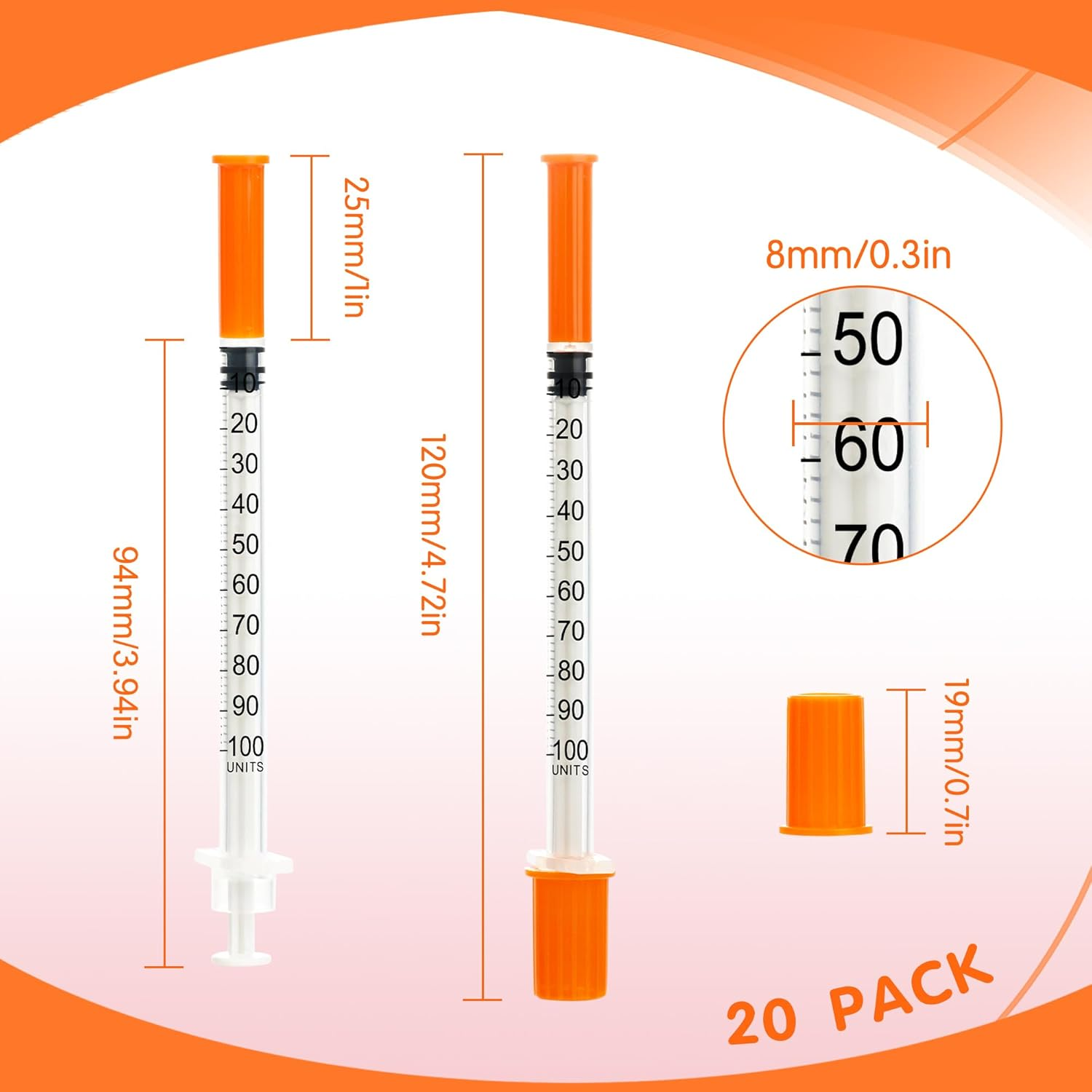 20 Pack 1Ml Syringes with 29Gx8Mm Plastic Multiple Uses Measuring Tools, Individually Wrapped image number 6