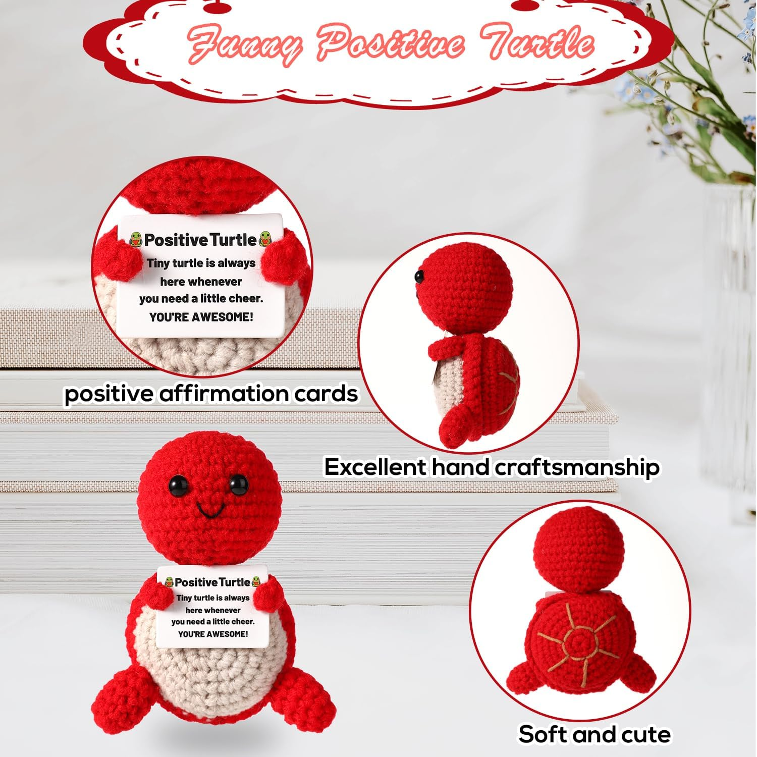 Positive Turtle, Mini Knitted Turtle Positive Turtle Crochet Positive Crochet Animals Knitted Wool Doll Crochet Turtle for Motivational Gift Party Decoration(Red) image number 4