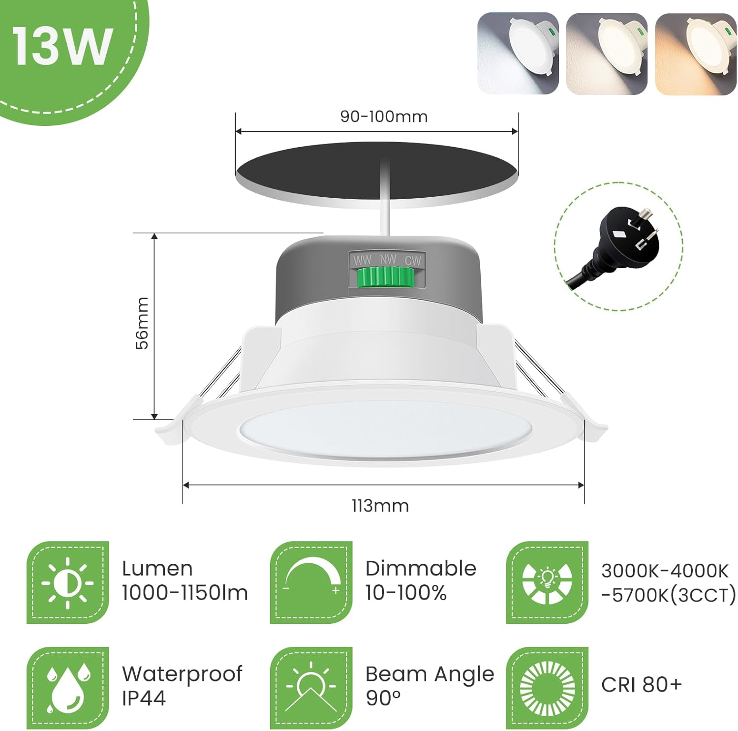 ALUSSO LIGHTING 13W LED Downlight 1150Lm Warm Natural Cool White 3000K 4000K 5700K Changeable Dimmable Flat White round 90Mm Cutout Recessed Ceiling Spot Light 230V IP44 Waterproof 10Pack image number 5