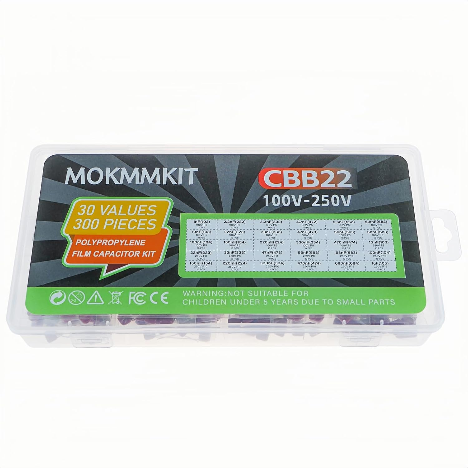 30 Values 300 PCS Metallized Polypropylene Capacitor Kit CBB22 100V-250V Polyester Film Capacitor