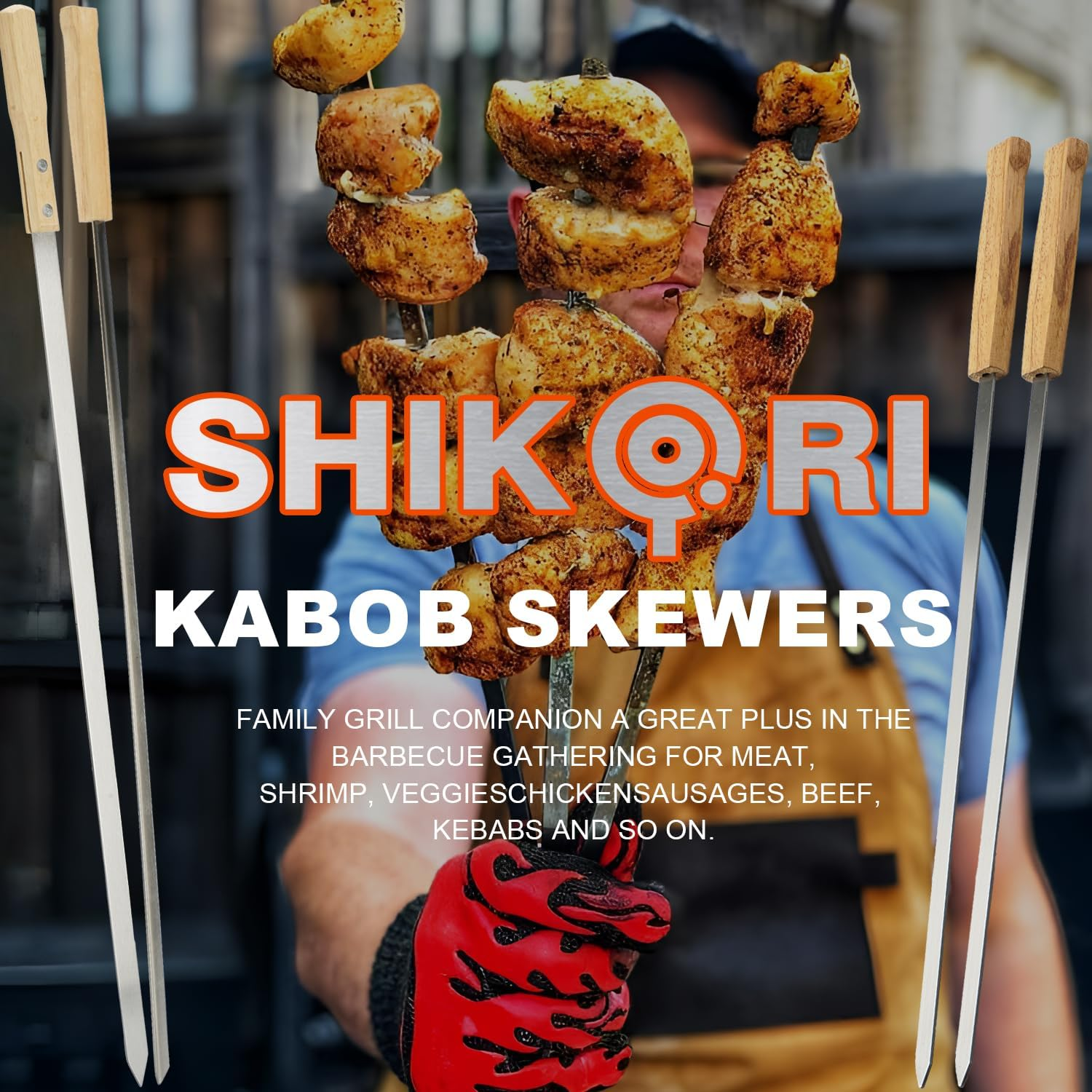 Professional Kabob Skewers, 23 Inch Heavy Duty Large Wide Reusable BBQ Barbecue Skewers, Stainless Steel Sticks with Nonslip Wooden (Flat-12 Pcs) - Flat-12 Pcs image number 1