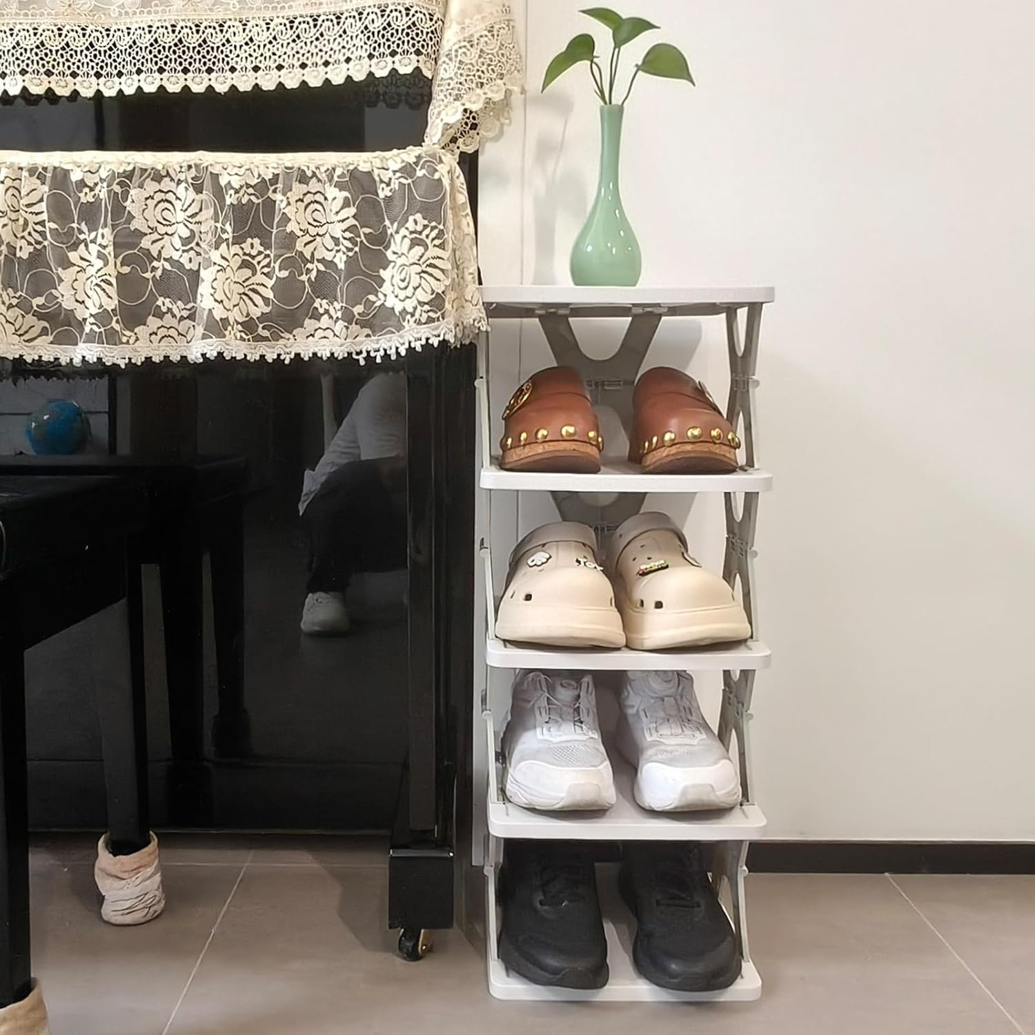 Foldable Vertical Shoe Rack, X-Design Tall Shoes Organiser for Narrow Space, Corner Shelf for Single Dormitory or Small Room (Gray, 5 Tier) image number 2
