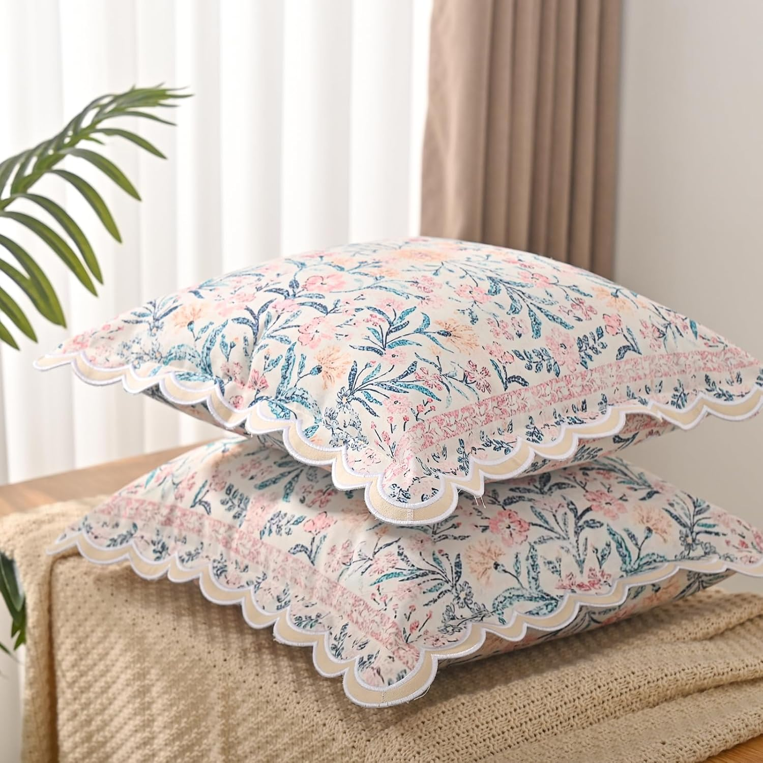 Fjdcslwx Boho Floral Throw Pillow Covers Set of 2 Colorful Bohemian Flower Decorative Scalloped Wavy Edge Designs Pillowcase for Bedroom Sofa Living Room Bed Square Pillow Case Cushion 18X18 Inch - Pink image number 5