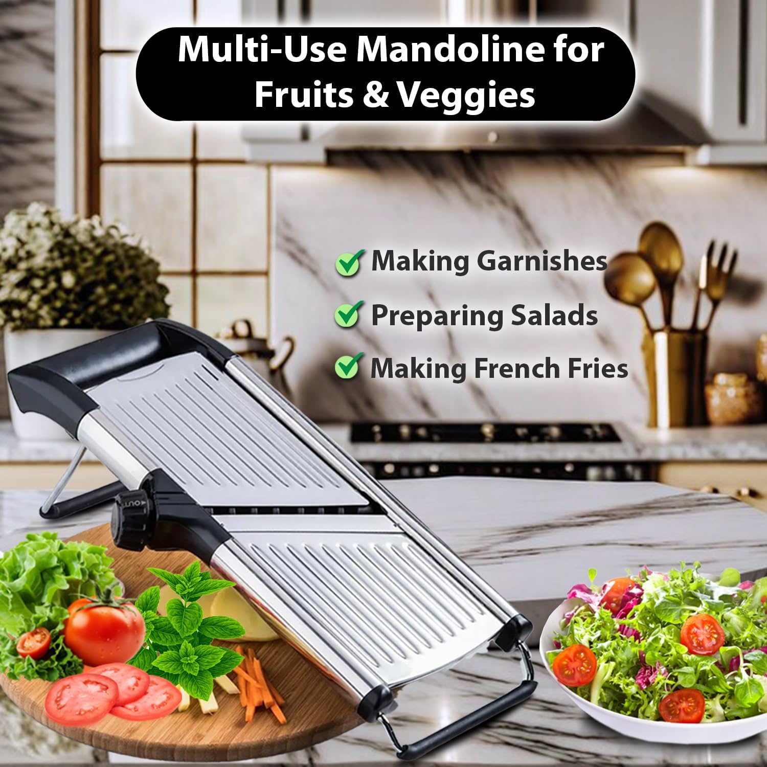 Chef Power High-Quality Mandoline Food Slicer with Stainless Steel Blade - Adjustable Vegetable Slicer - Mandoline Food Cutter with Hand Guard - Vegetable Slicers for Kitchen (Silver/Black) image number 6